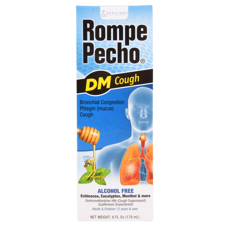 Rompe Pecho DM Cough syrup 6 fl oz bottle – alcohol free cold and cough relief with honey, eucalyptus, and menthol