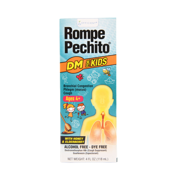 Rompe Pechito DM for Kids cough syrup 4 fl oz box with honey and elderberry for children ages 4 and up
