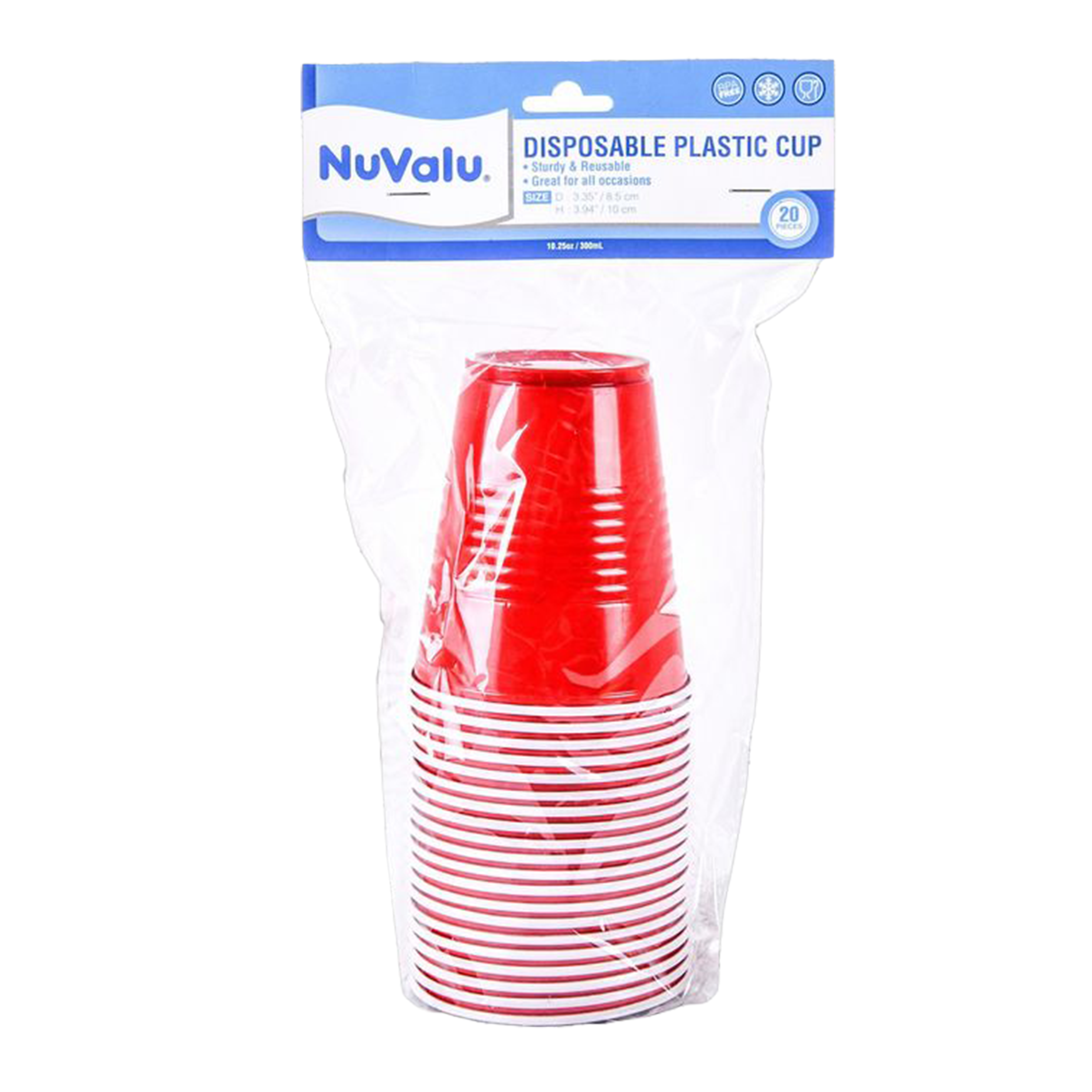 NuValu disposable plastic cups 20 count red party cups stacked in packaging for events and drinks