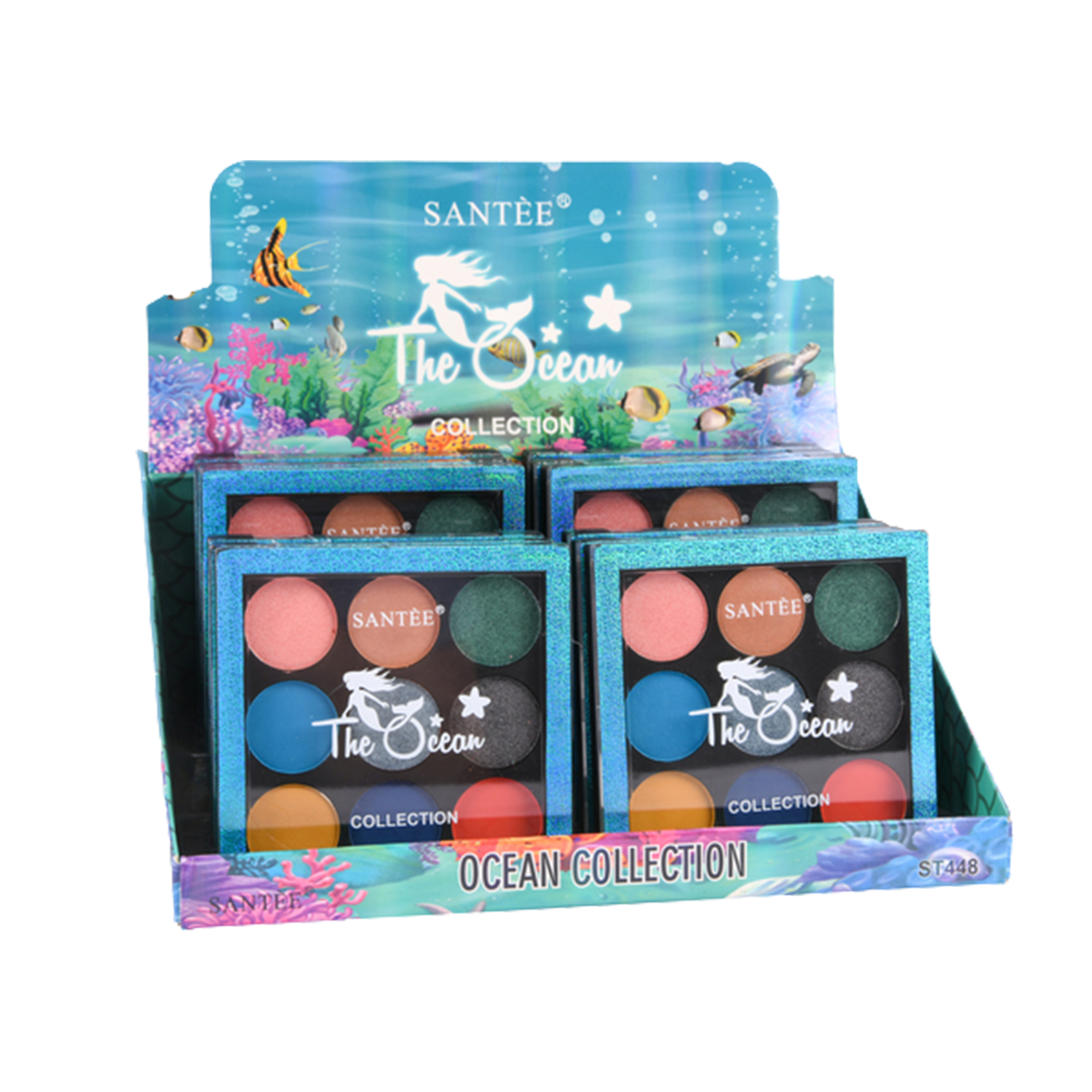 Santee The Ocean Collection makeup palettes in a display box with an underwater theme.