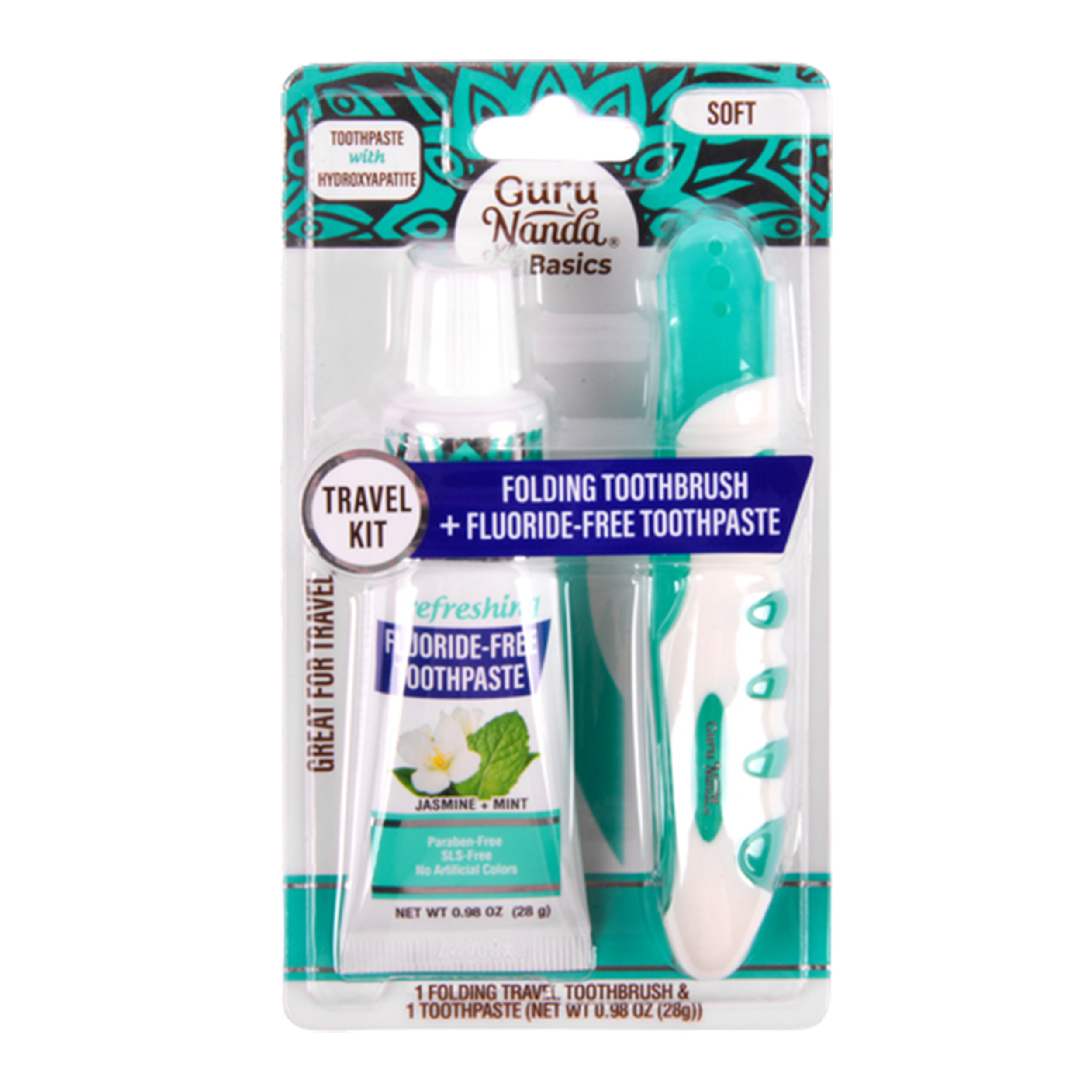 GuruNanda travel oral care kit with folding toothbrush and fluoride-free toothpaste jasmine mint in retail packaging