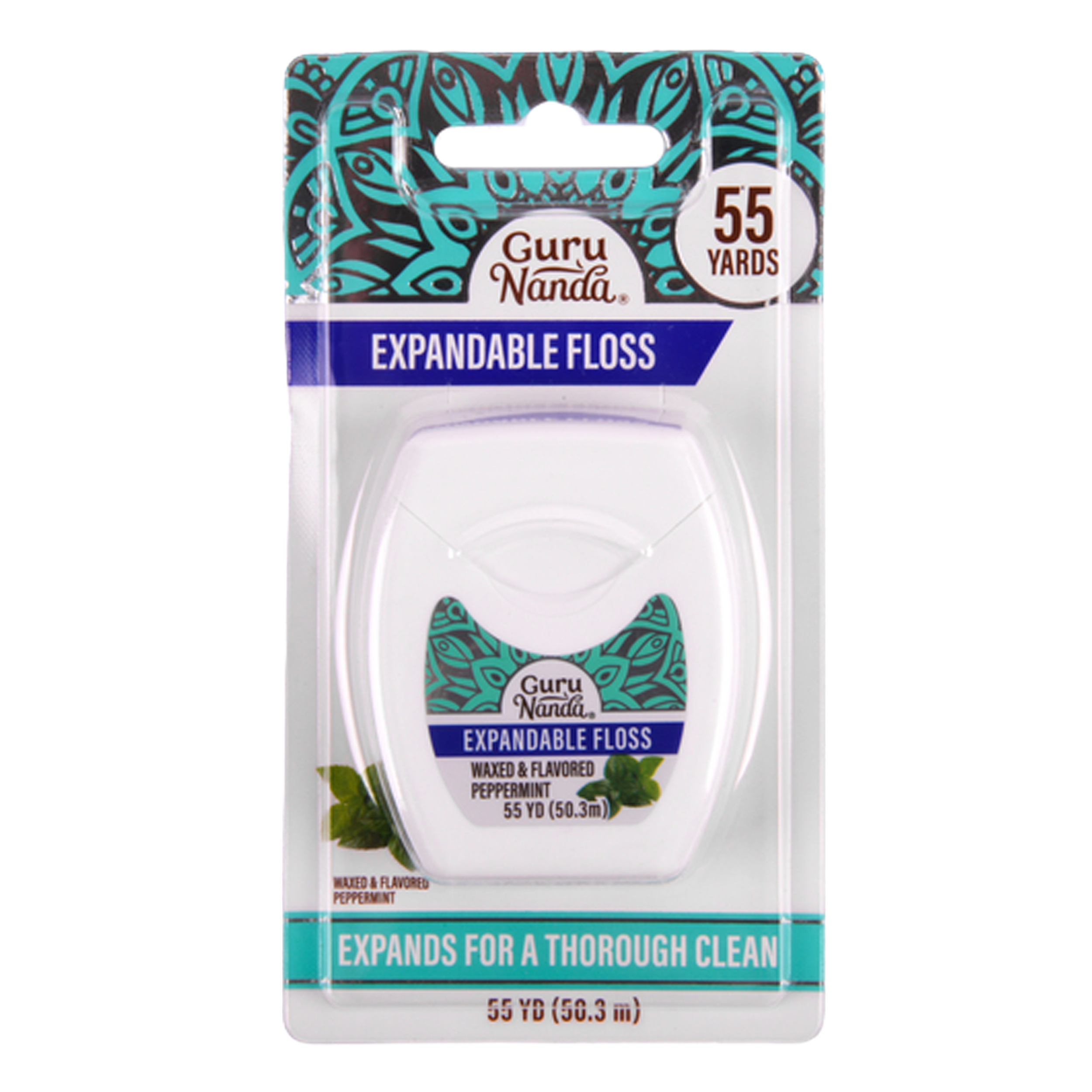 Guru Nanda Expandable Floss blister pack featuring a white dental floss dispenser, 55 yards of waxed and peppermint flavored floss, with teal and purple packaging.