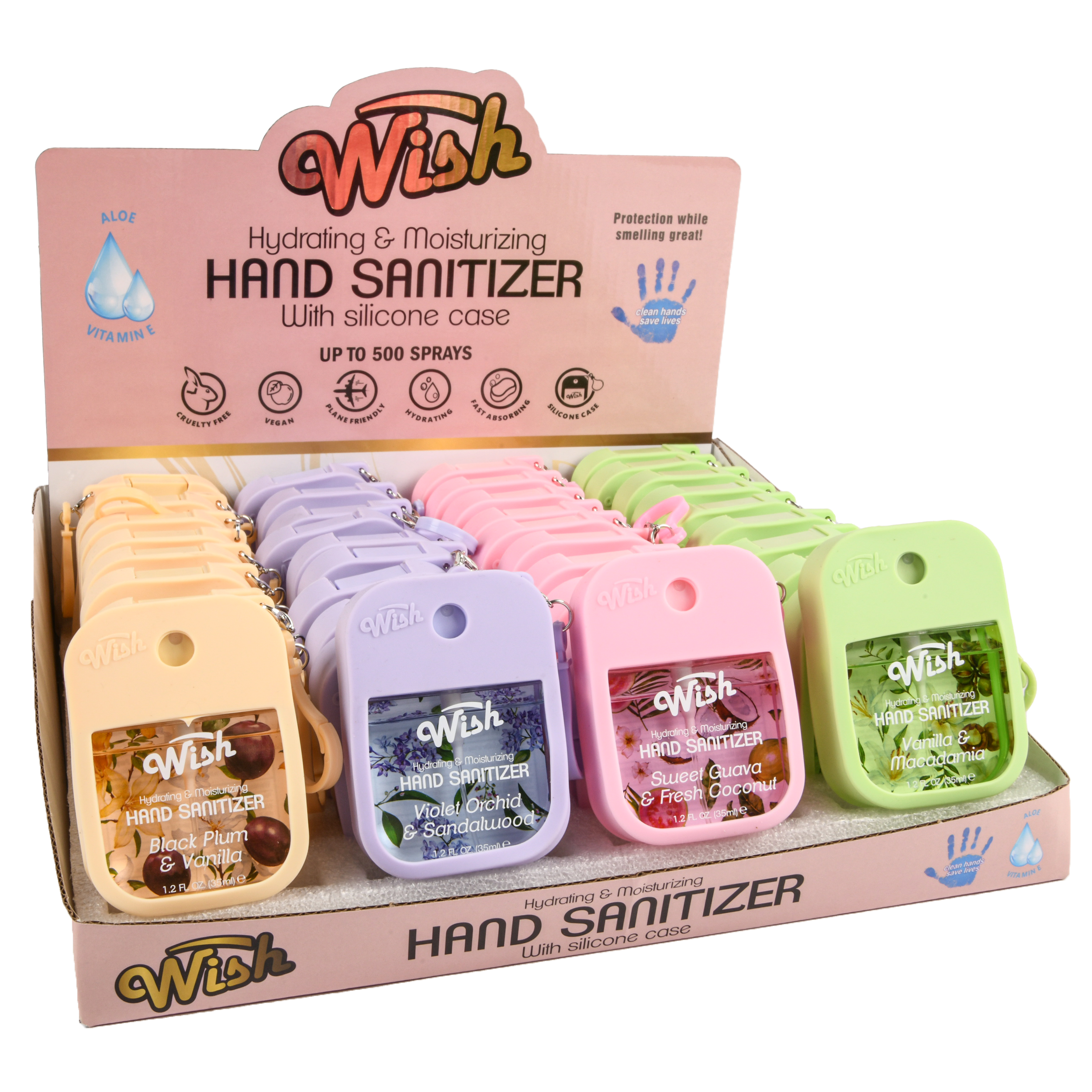 Wish Hand Sanitizer Spray with Silicone Case, Assorted Scents, 1.2 oz (Pack of 40)
