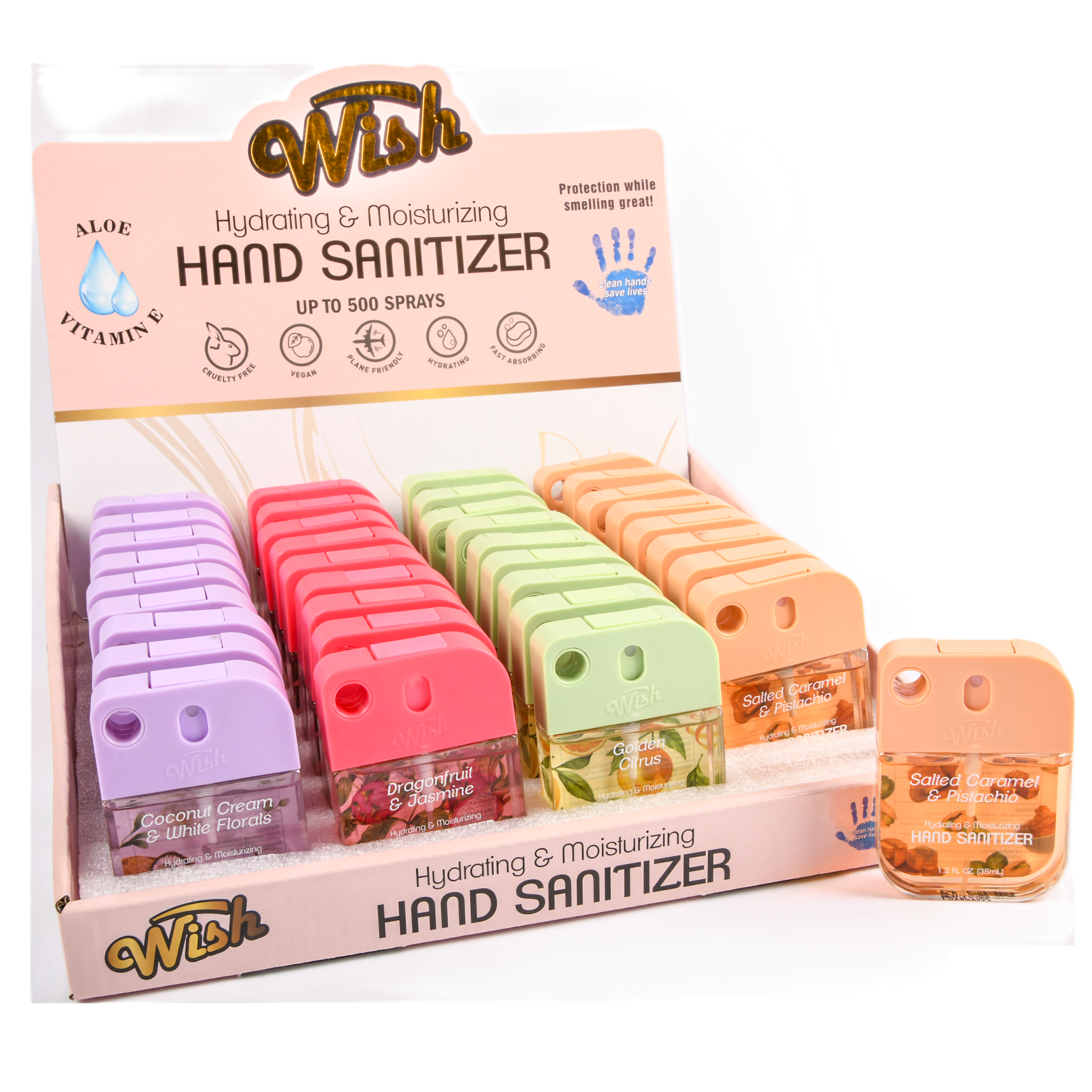 Wish hand sanitizer spray 1.2oz assorted scents hydrating alcohol hand sanitizer aloe vitamin E 40 pack