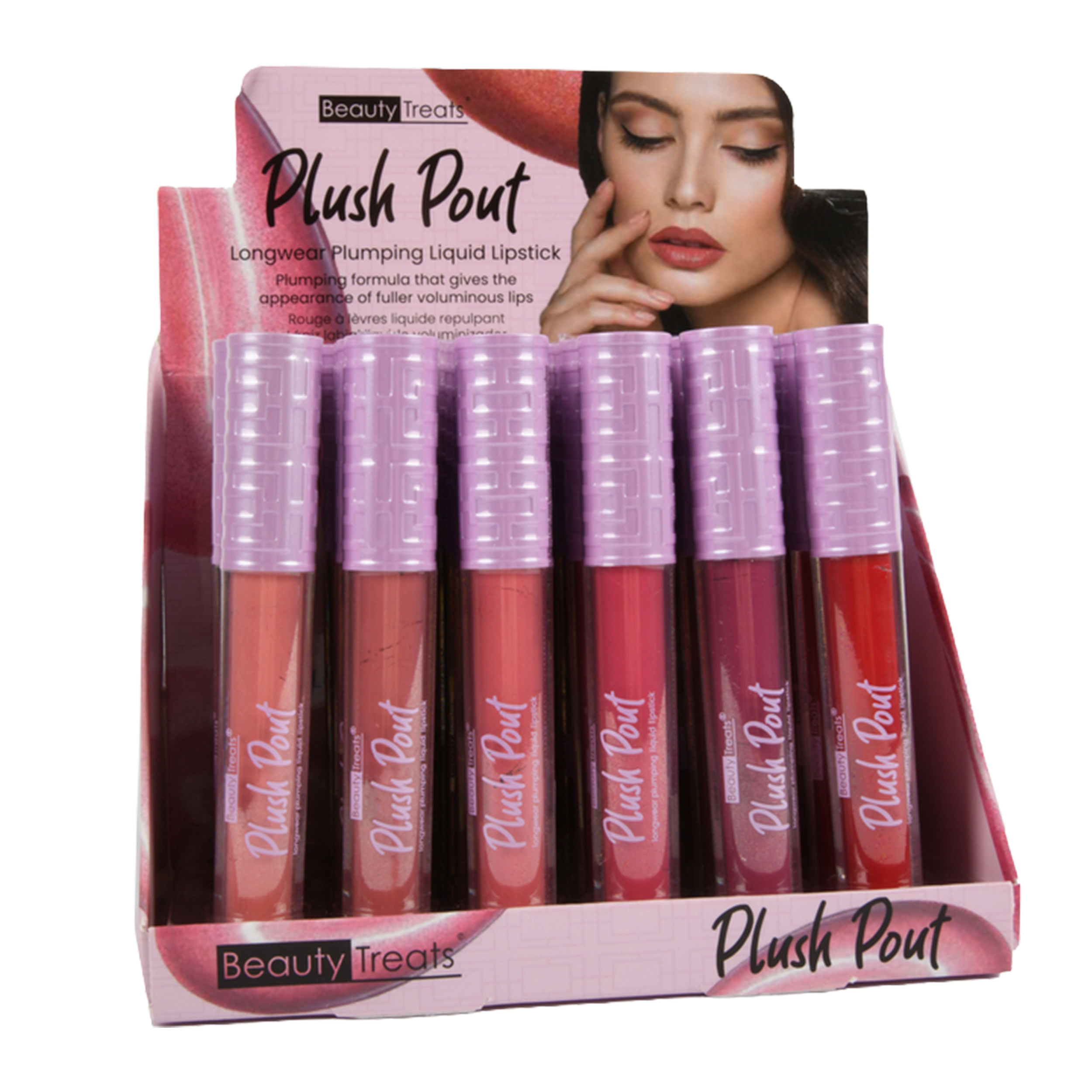 Beauty Treats Plush Pout longwear plumping liquid lipstick display – glossy lip color collection