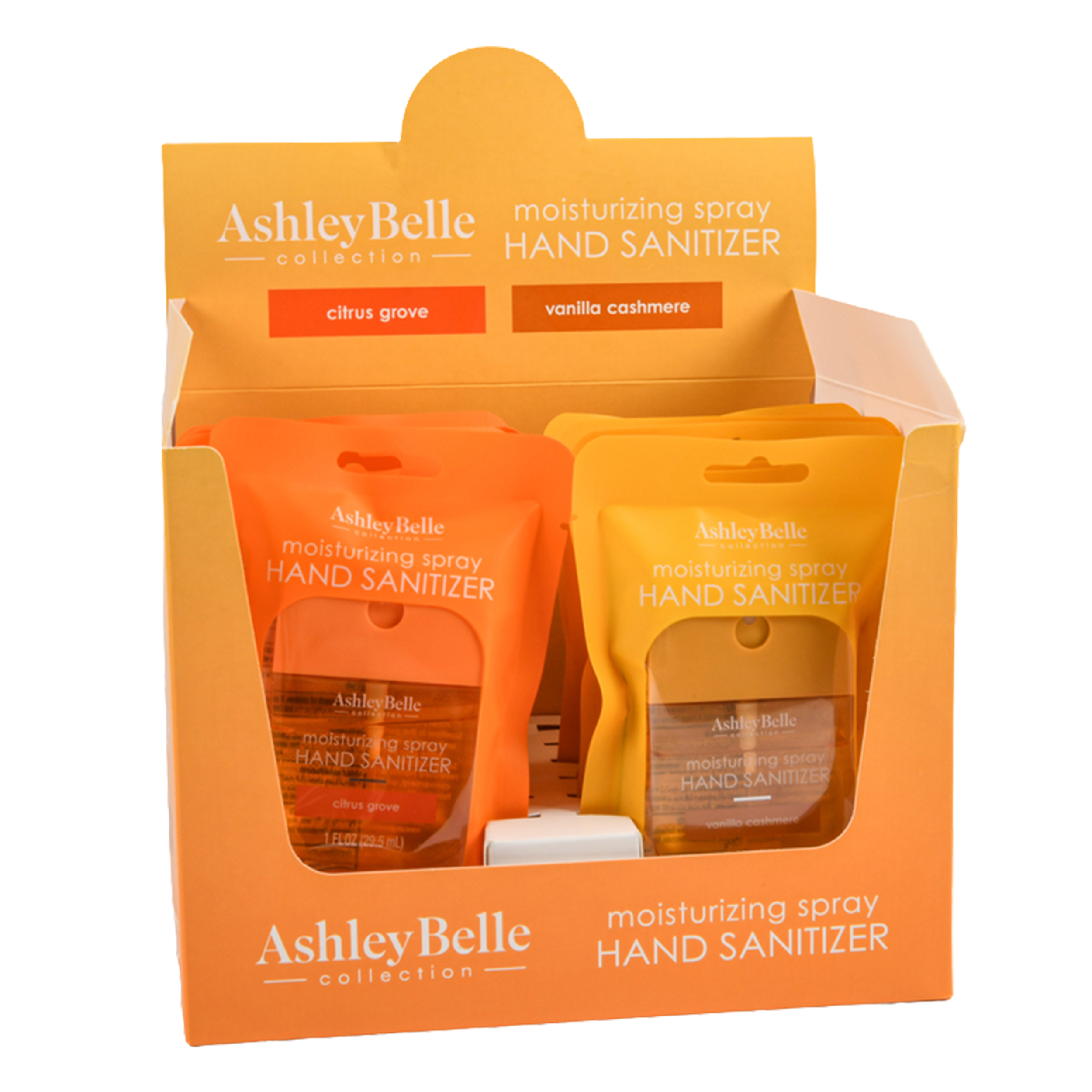 Ashley Belle moisturizing spray hand sanitizer set with Citrus Grove and Vanilla Cashmere scents in orange display box