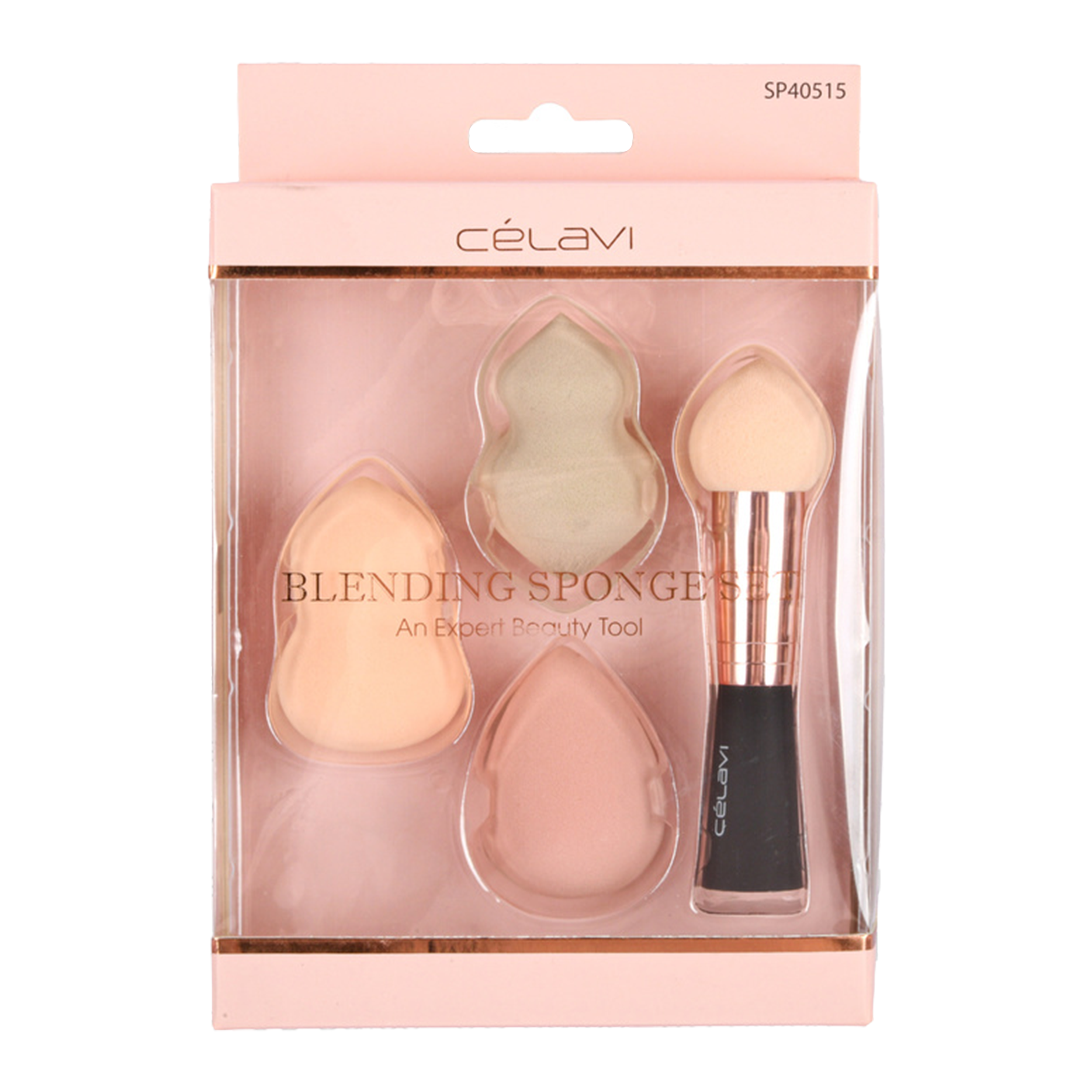 Célavi blending sponge set with assorted makeup sponges and foundation brush in pink packaging