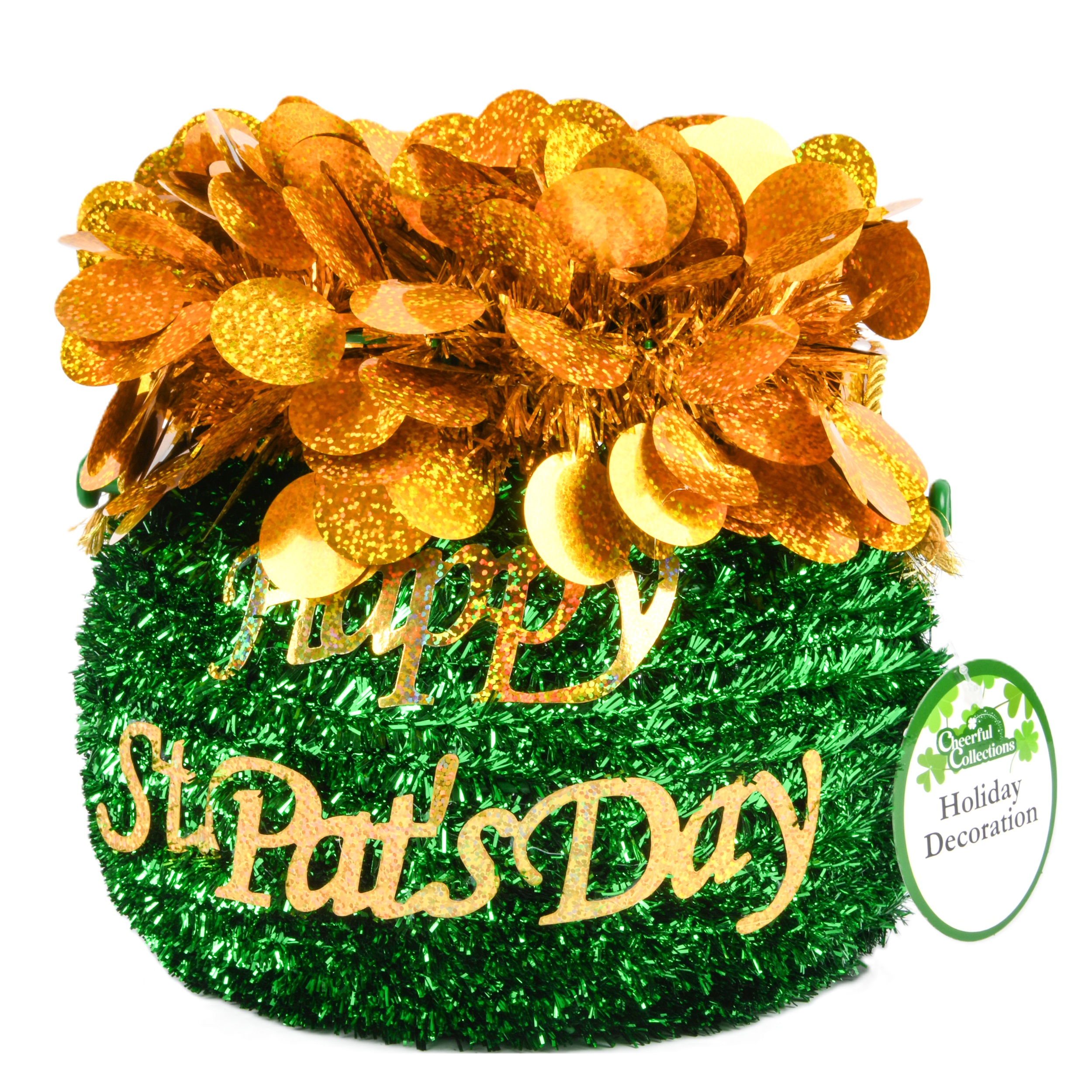 St. Patrick’s Day tinsel 3D pot of gold decoration with glitter shamrocks – festive green centerpiece (6 pack)