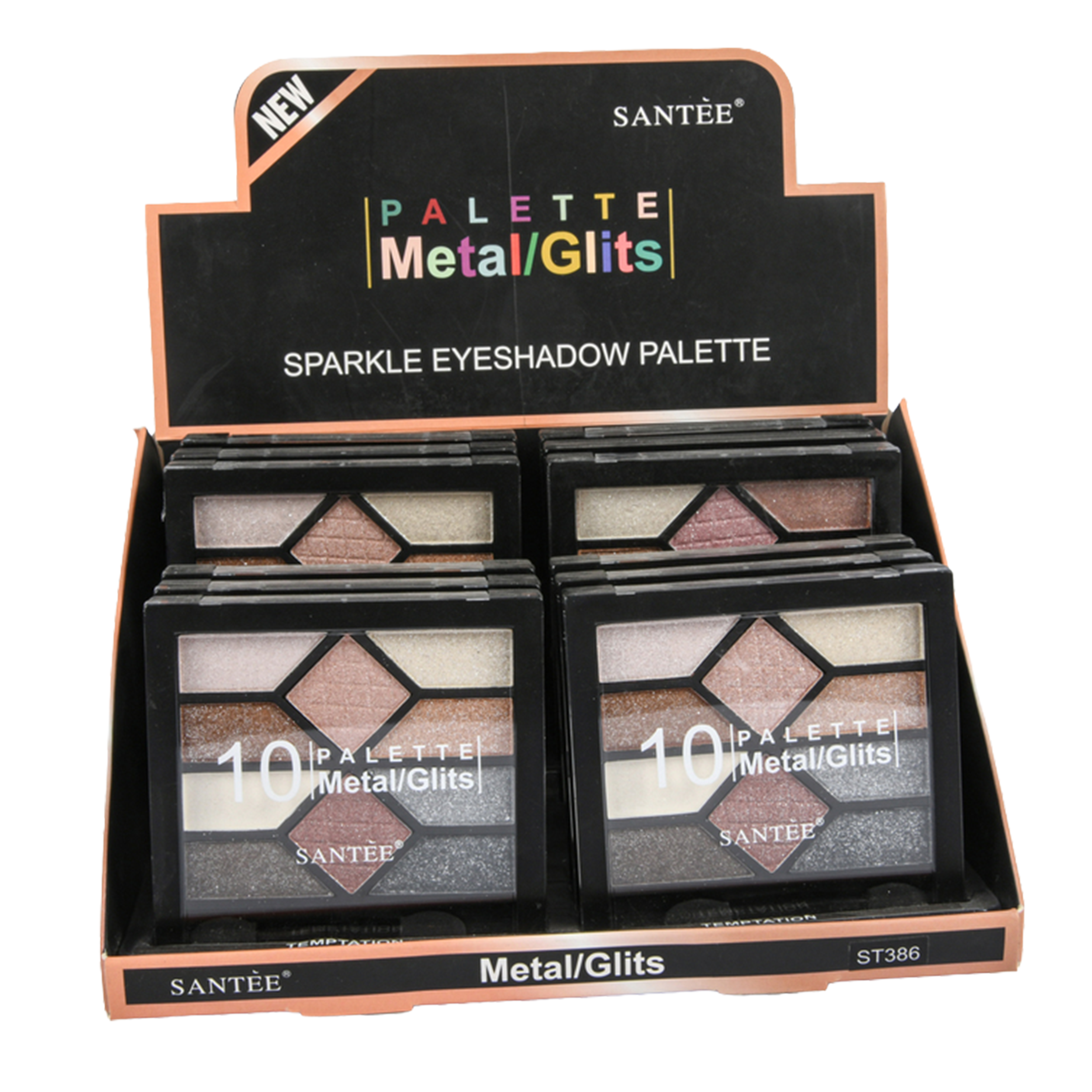 Santée Metal Glits sparkle eyeshadow palette with 10 metallic glitter shades in display packaging