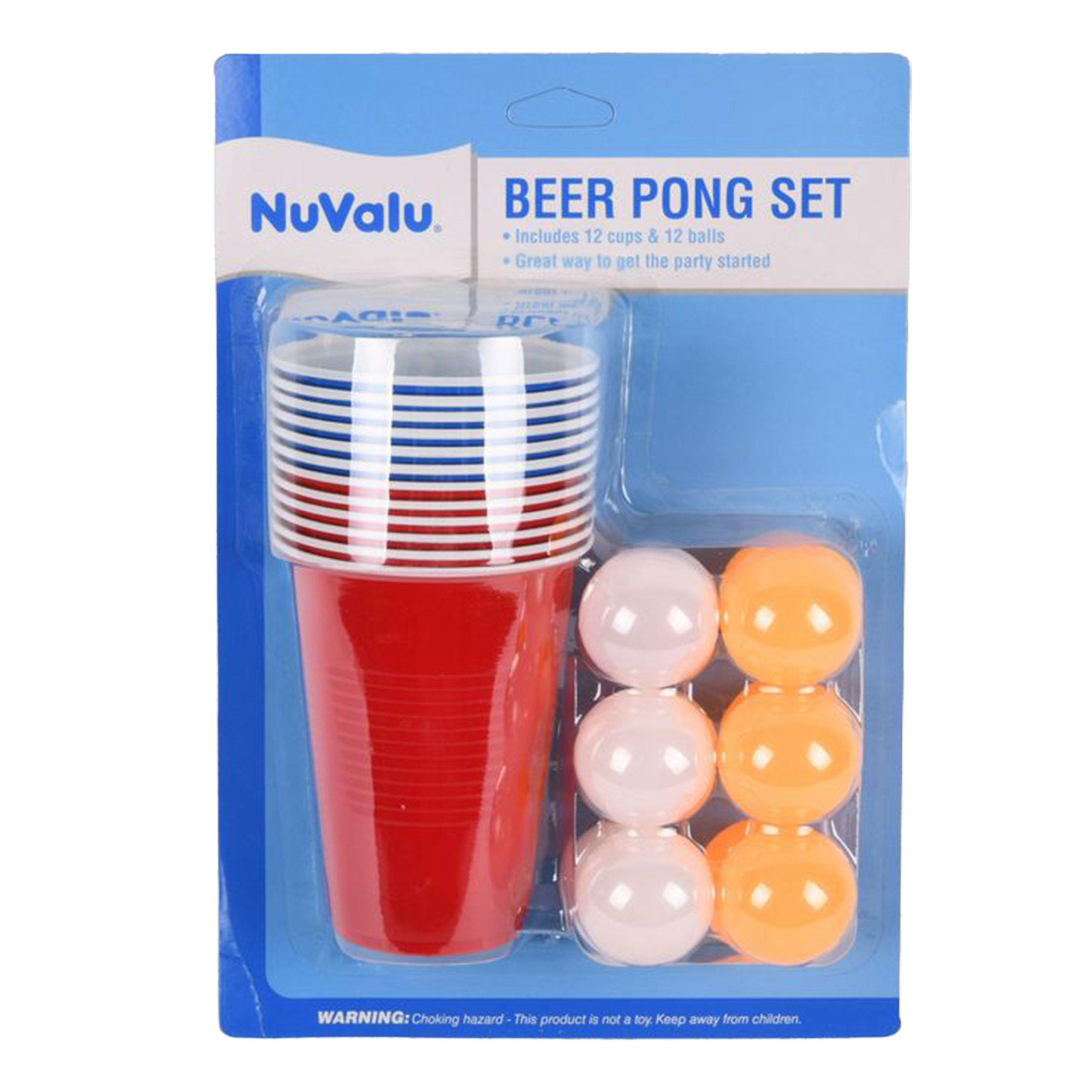 NuValu beer pong set with 12 red cups and 12 ping pong balls in packaging for party games