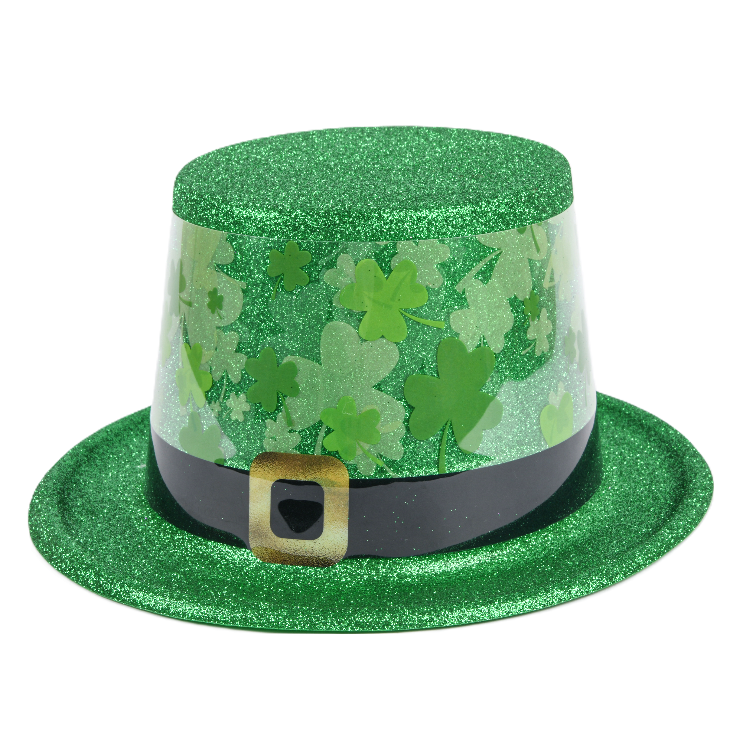 “St. Patrick’s Day glitter top hat with shamrock printed band and buckle – green metallic PVC hat (6 pack)