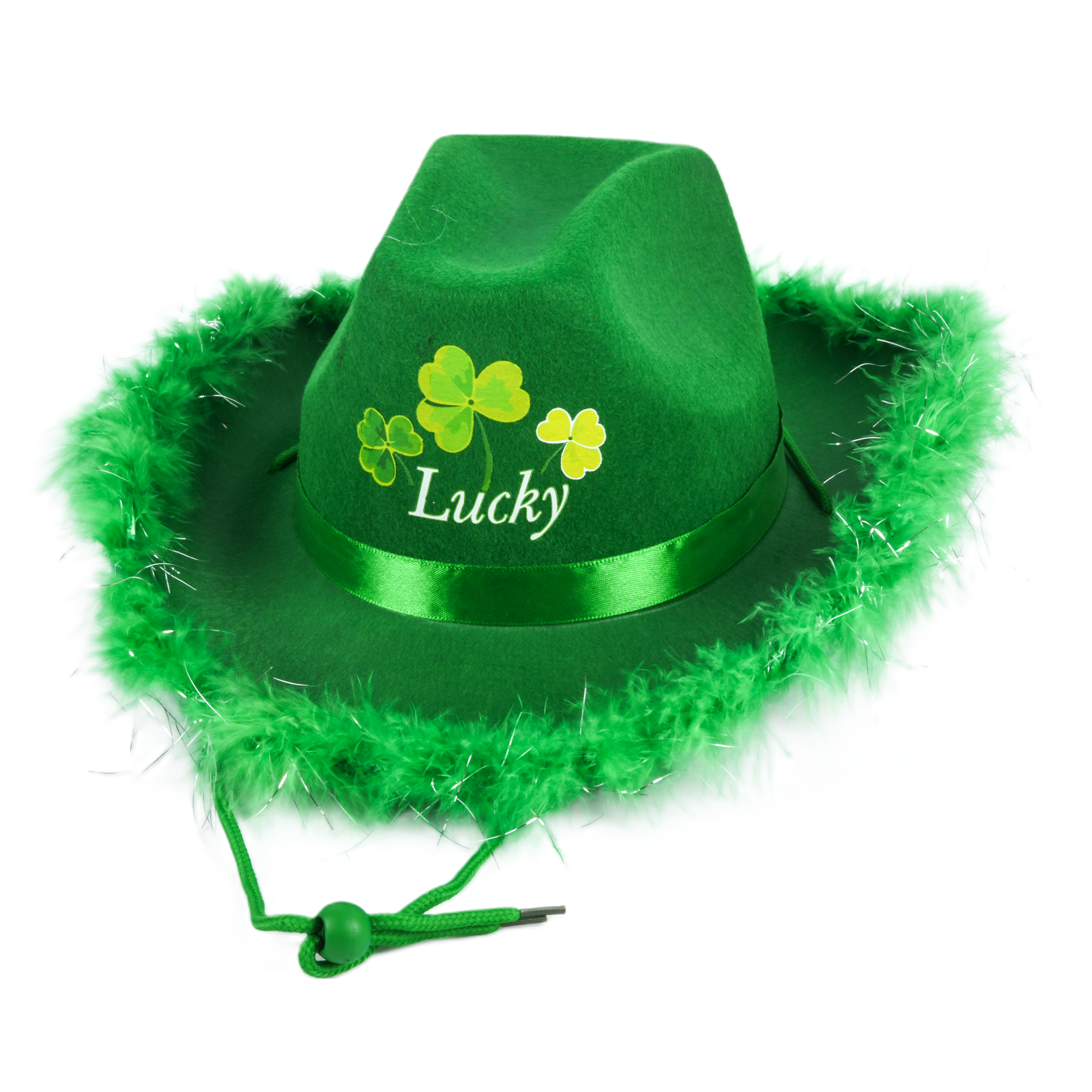 St. Patrick’s Day green hat with feather trim and shamrock design – Lucky themed costume hat (6 pack)