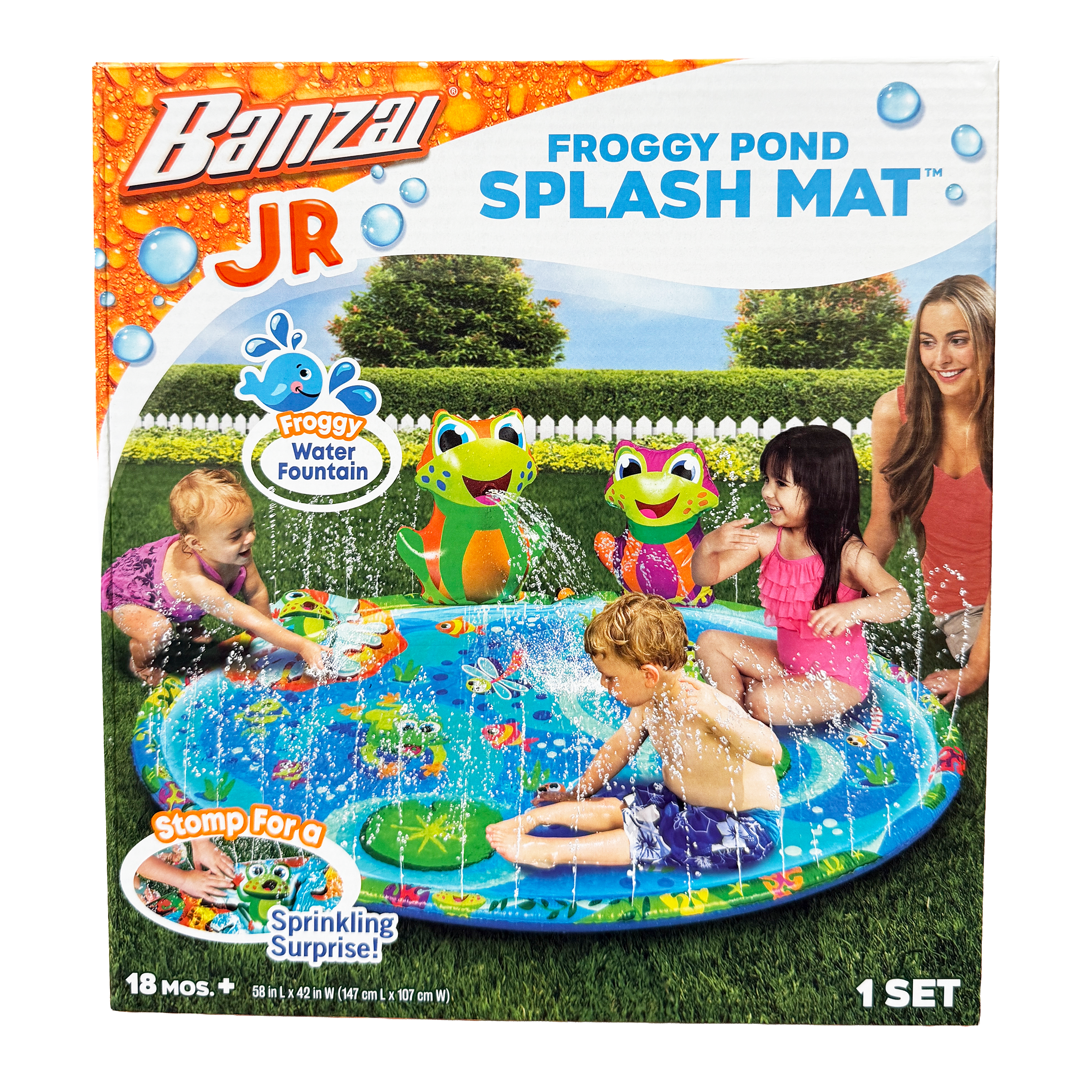 Banzai JR Froggy Pond splash mat kids water play pad with sprinkler fountain and colorful frog design