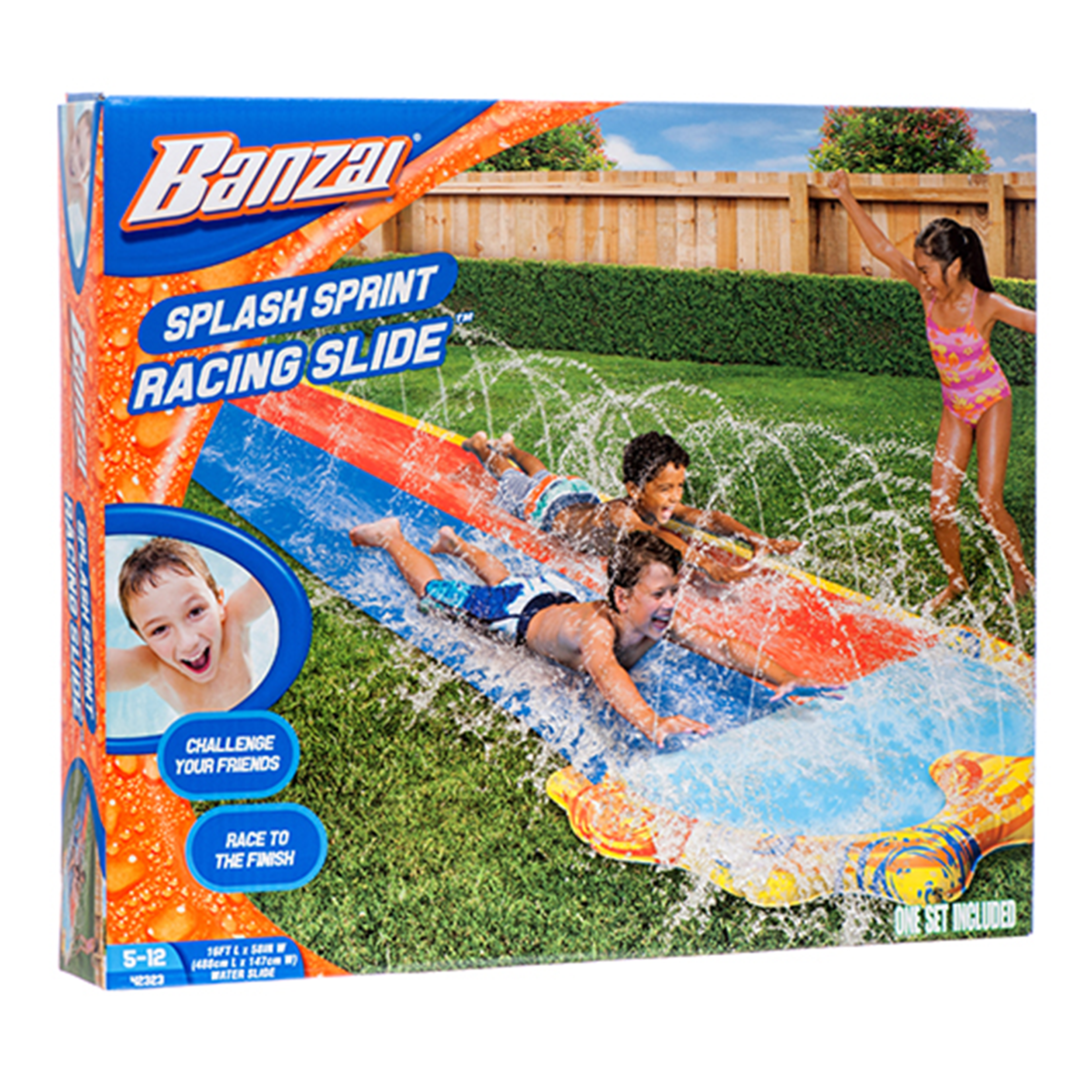 Banzai Splash Sprint racing slide dual lane backyard water slide with kids sliding and sprinkler system