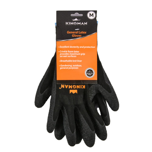Kingman general latex work gloves, black medium size, with crinkle latex grip and breathable knit liner for gardening, outdoor tasks, and general‑purpose protection