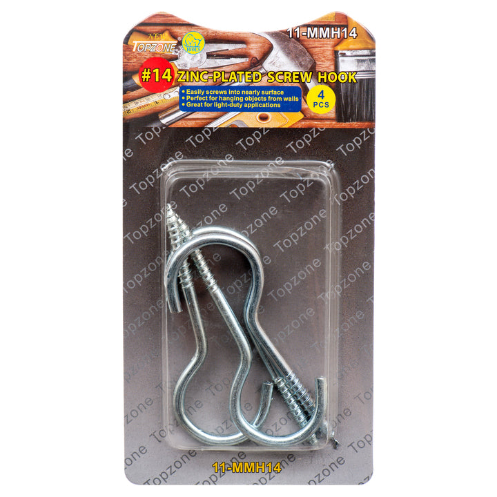 TopZone zinc‑plated screw hooks pack of four heavy‑duty utility hanging hooks