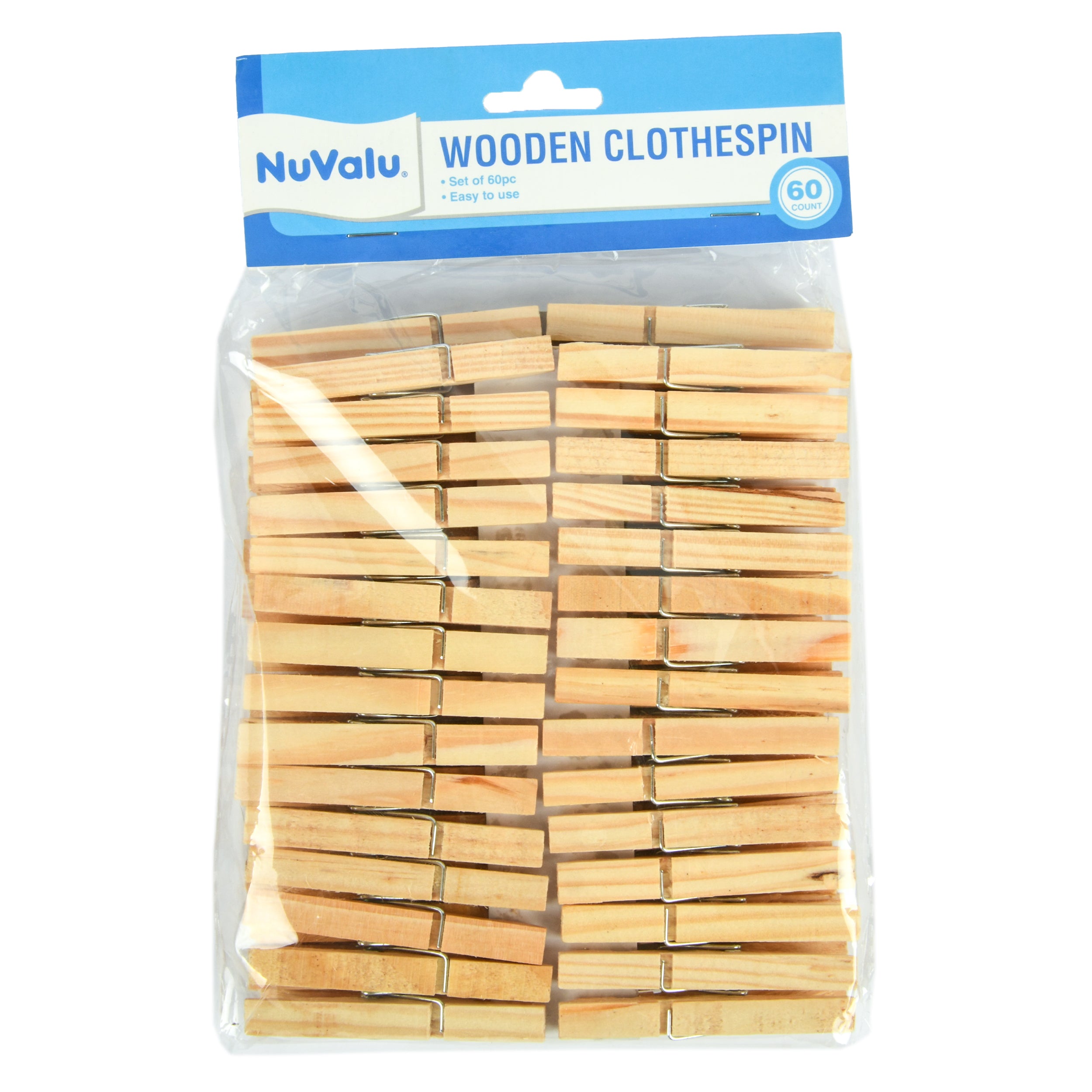 NuValu wooden clothespins 60 count natural wood clothes pins with metal springs for laundry and crafts