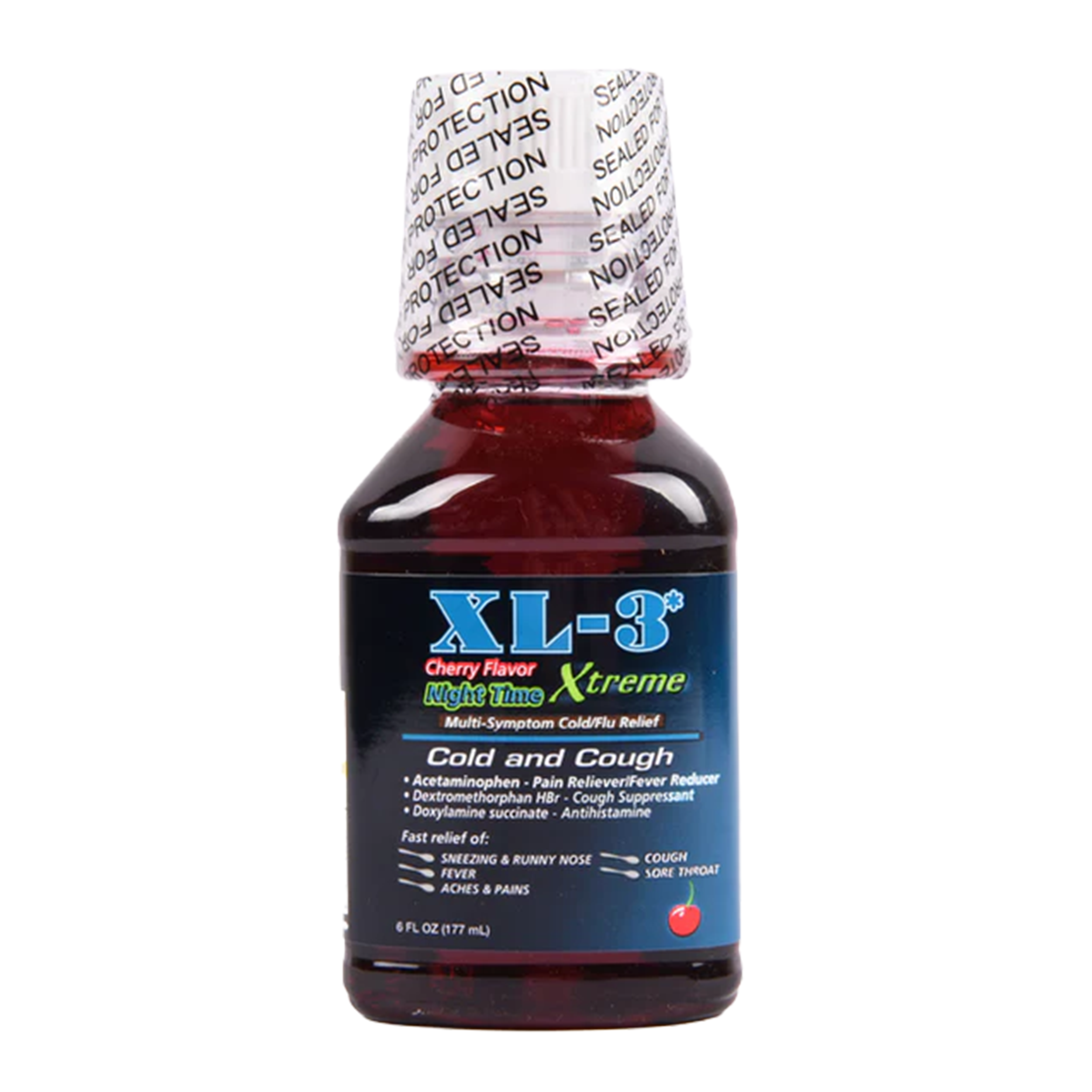 XL‑3 Night Time Xtreme cold and cough liquid cherry flavor 6 fl oz bottle