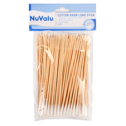 NuValu Long Stick Cotton Swabs 100 Count 24 Pack – Extra‑long wooden cotton swabs with soft tips for beauty and household use