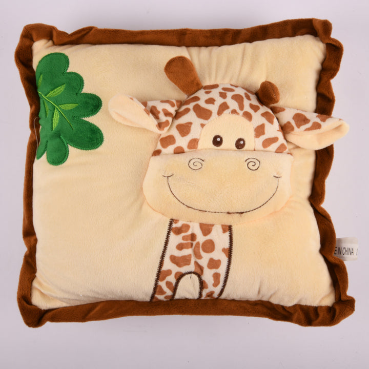 Soft giraffe plush pillow with decorative stitching and leaf detail, ideal for kids and nursery décor