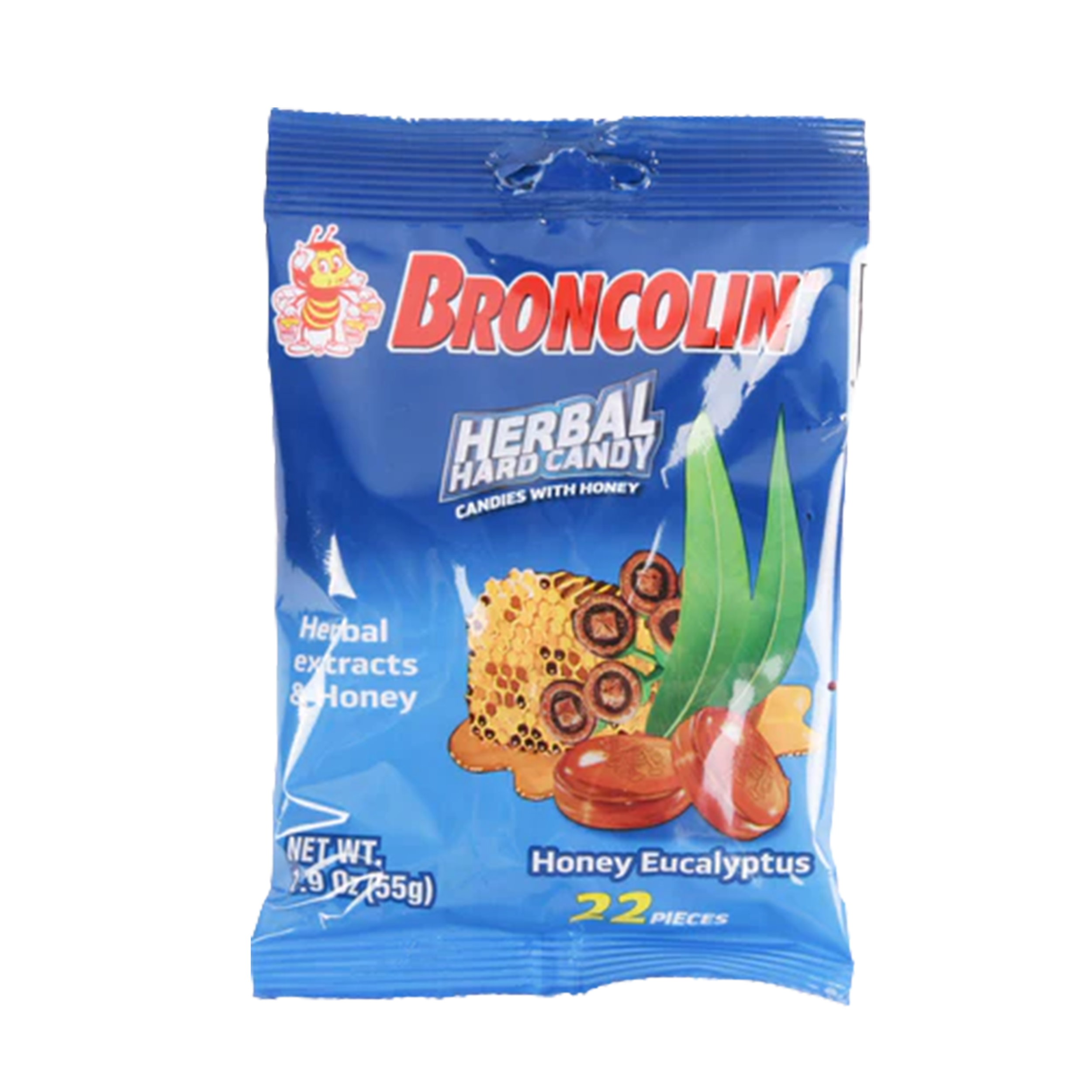 Broncolin honey eucalyptus cough drops 1.94oz bag, herbal hard candy with honey and eucalyptus (12 count)