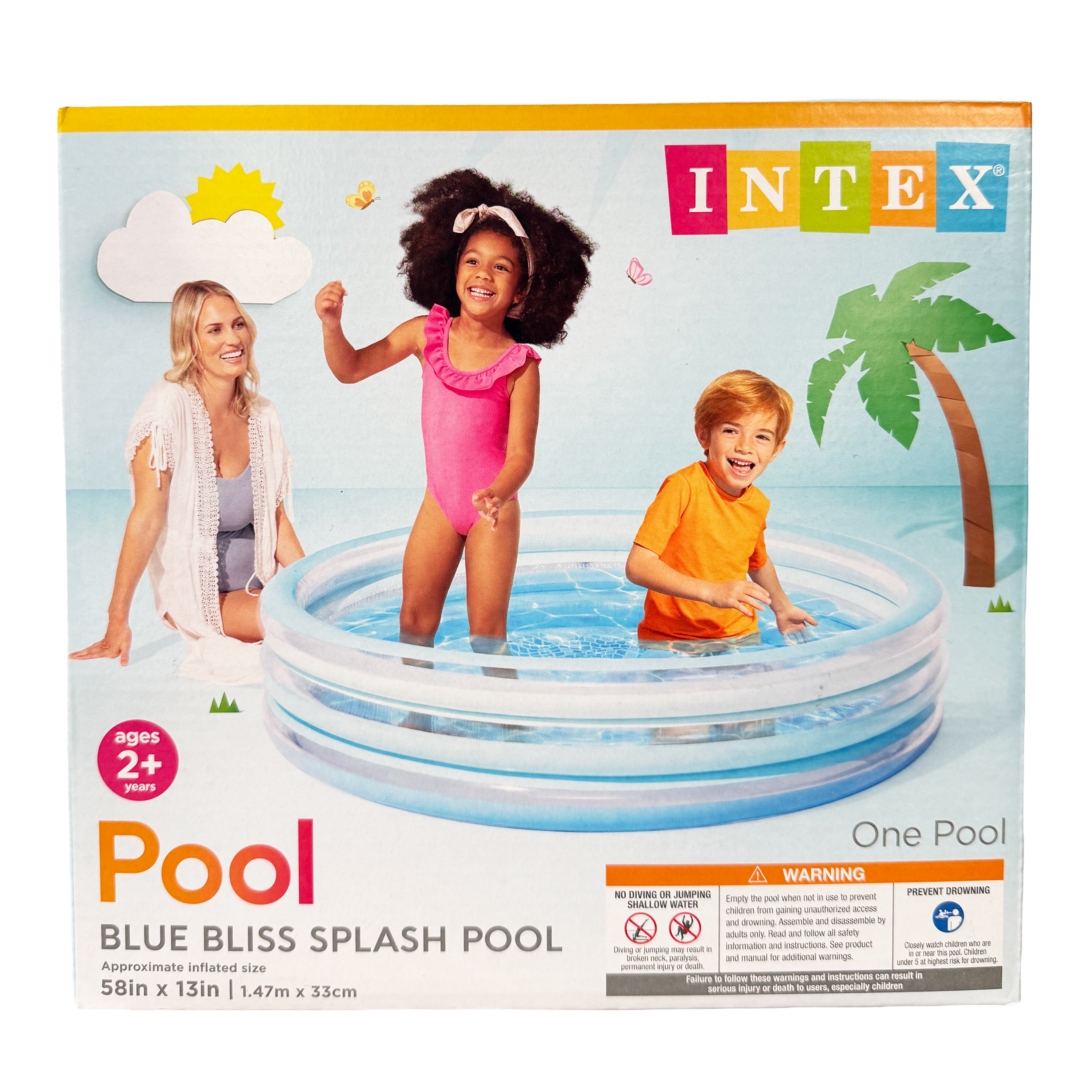 Intex Blue Bliss splash pool inflatable kiddie pool with round design and kids playing in backyard setting