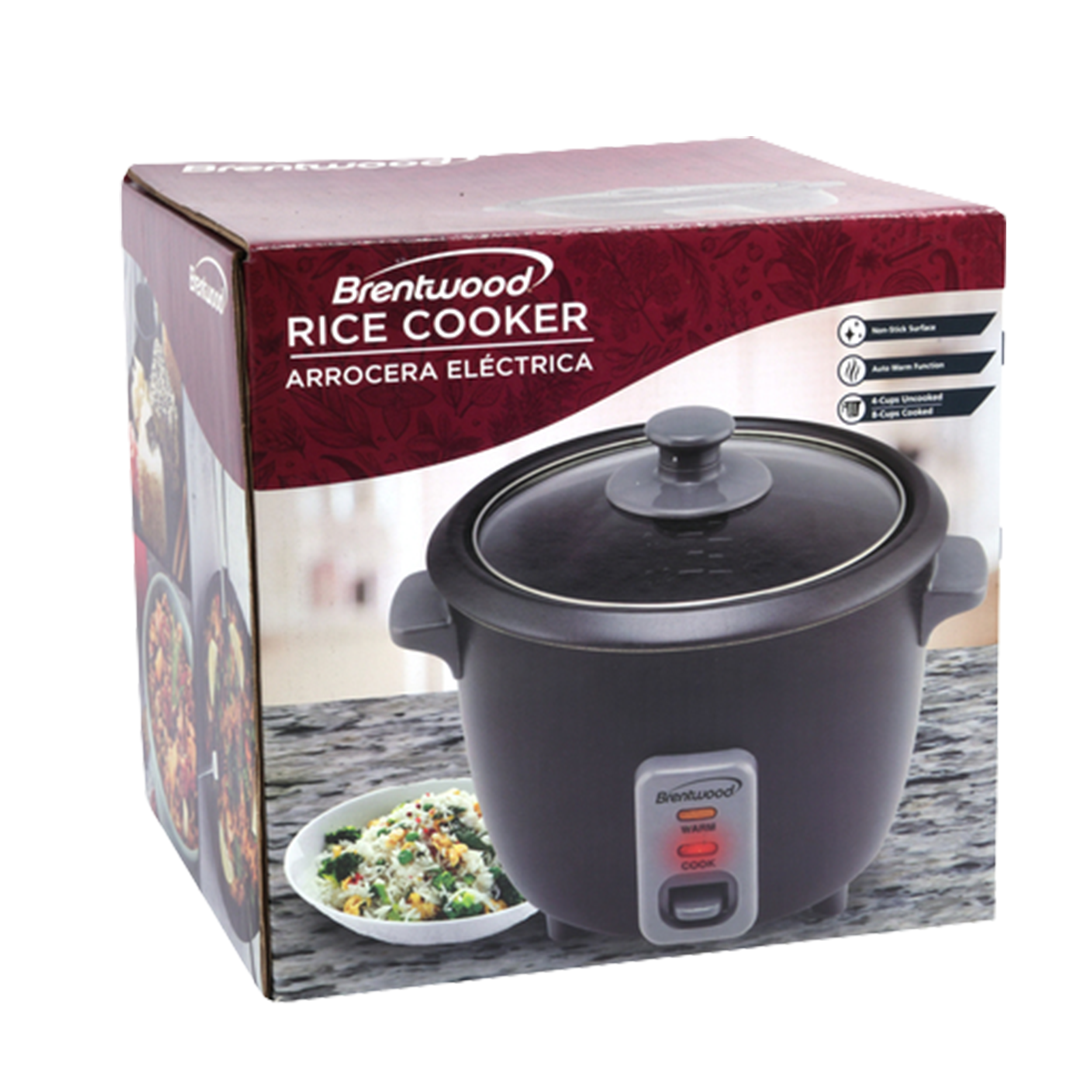 Brentwood electric rice cooker with glass lid and nonstick pot displayed on product box with 4 cup uncooked capacity