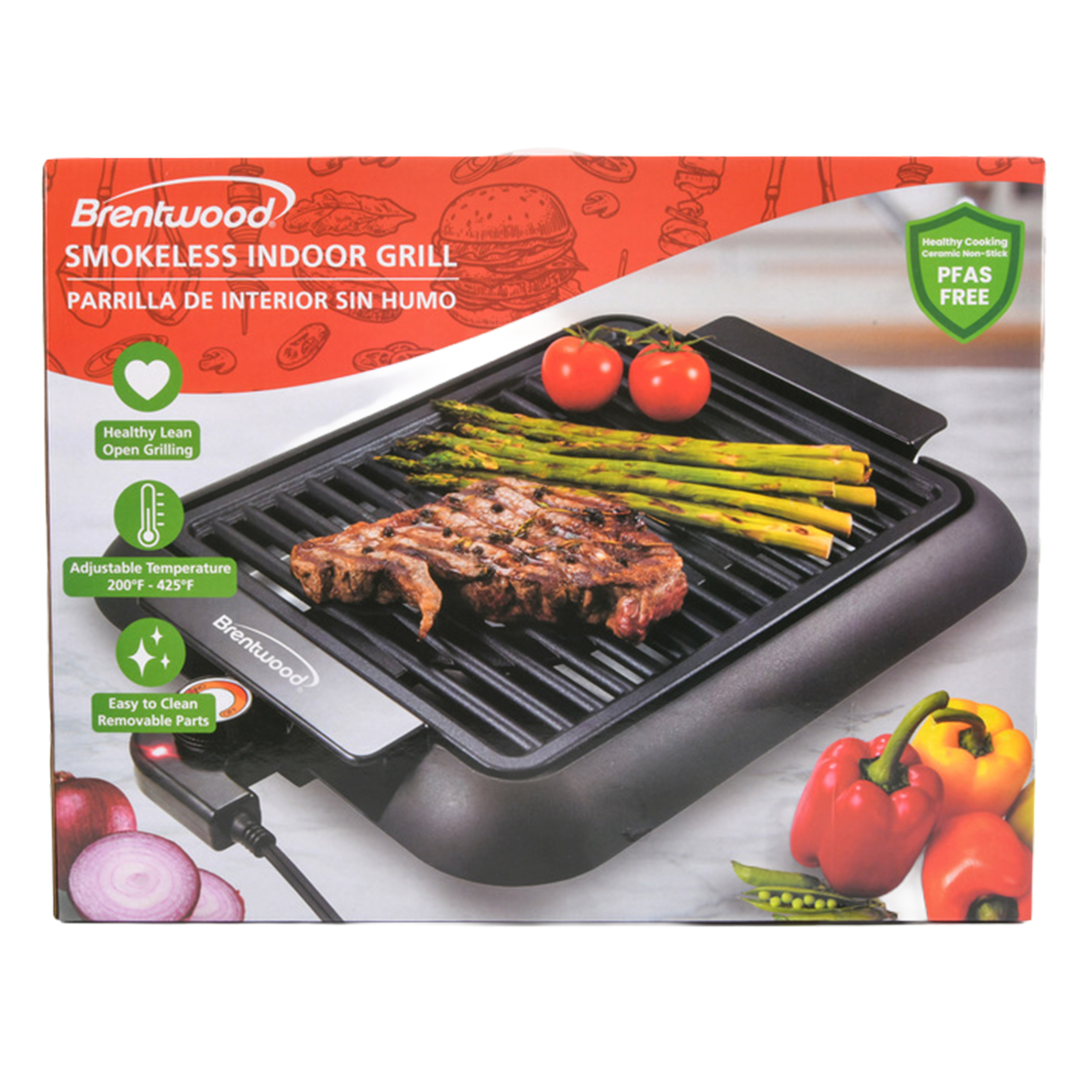 Brentwood smokeless indoor electric grill with nonstick surface and adjustable temperature cooking steak and vegetables