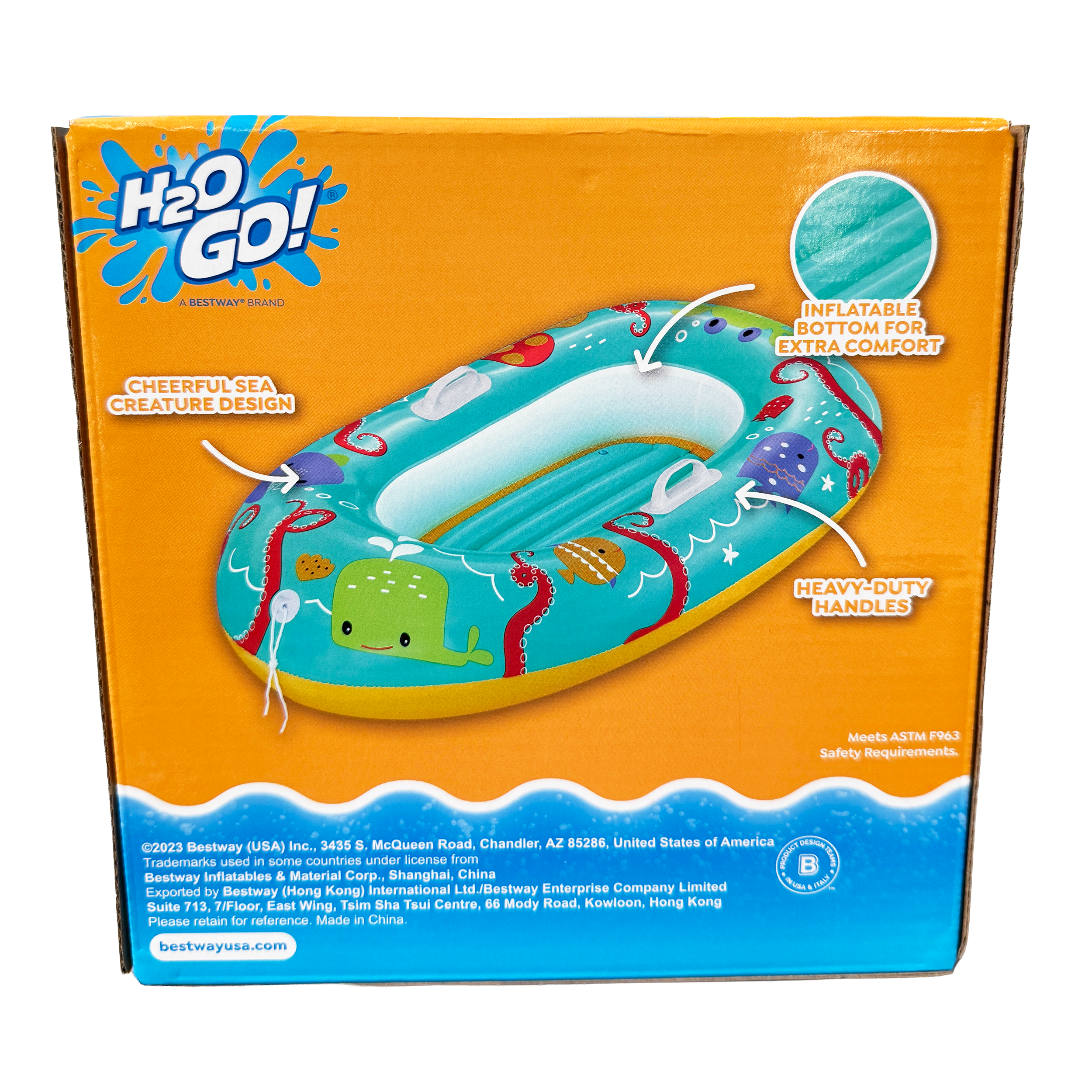 H2OGO Tropical Crew baby boat inflatable pool float with sea creature design and inflatable bottom for kids