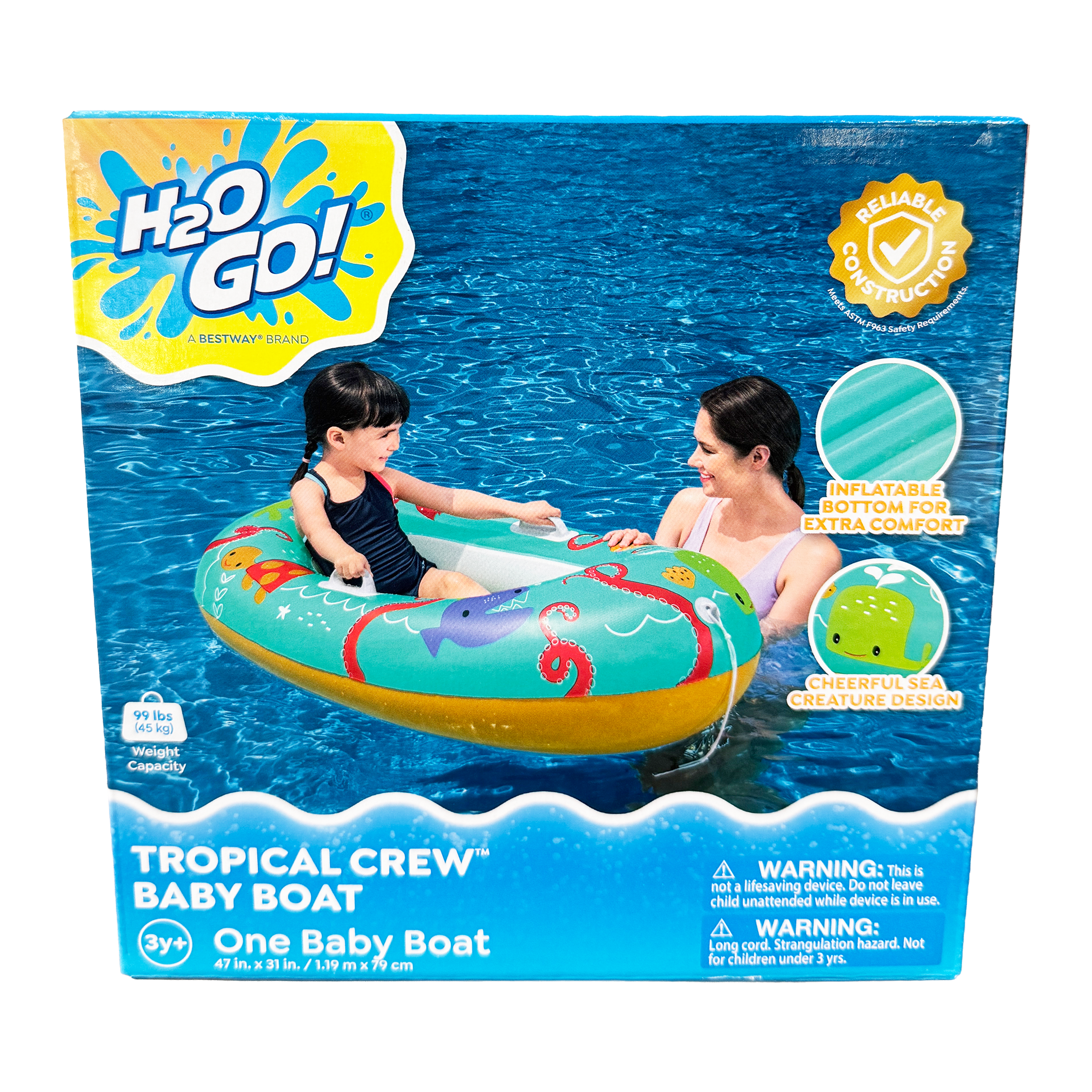 H2OGO Tropical Crew baby boat inflatable pool float with sea creature design and inflatable bottom for kids