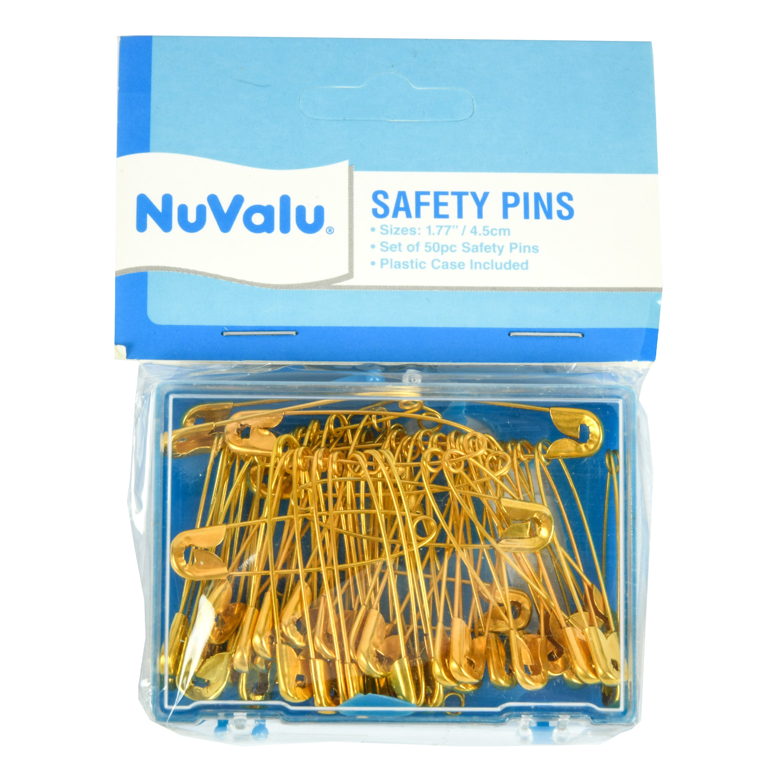 Nuvalu Safety Pins 1.77" 50Ct Gold Color W/Plastic Box & Head Card (24 Pack)