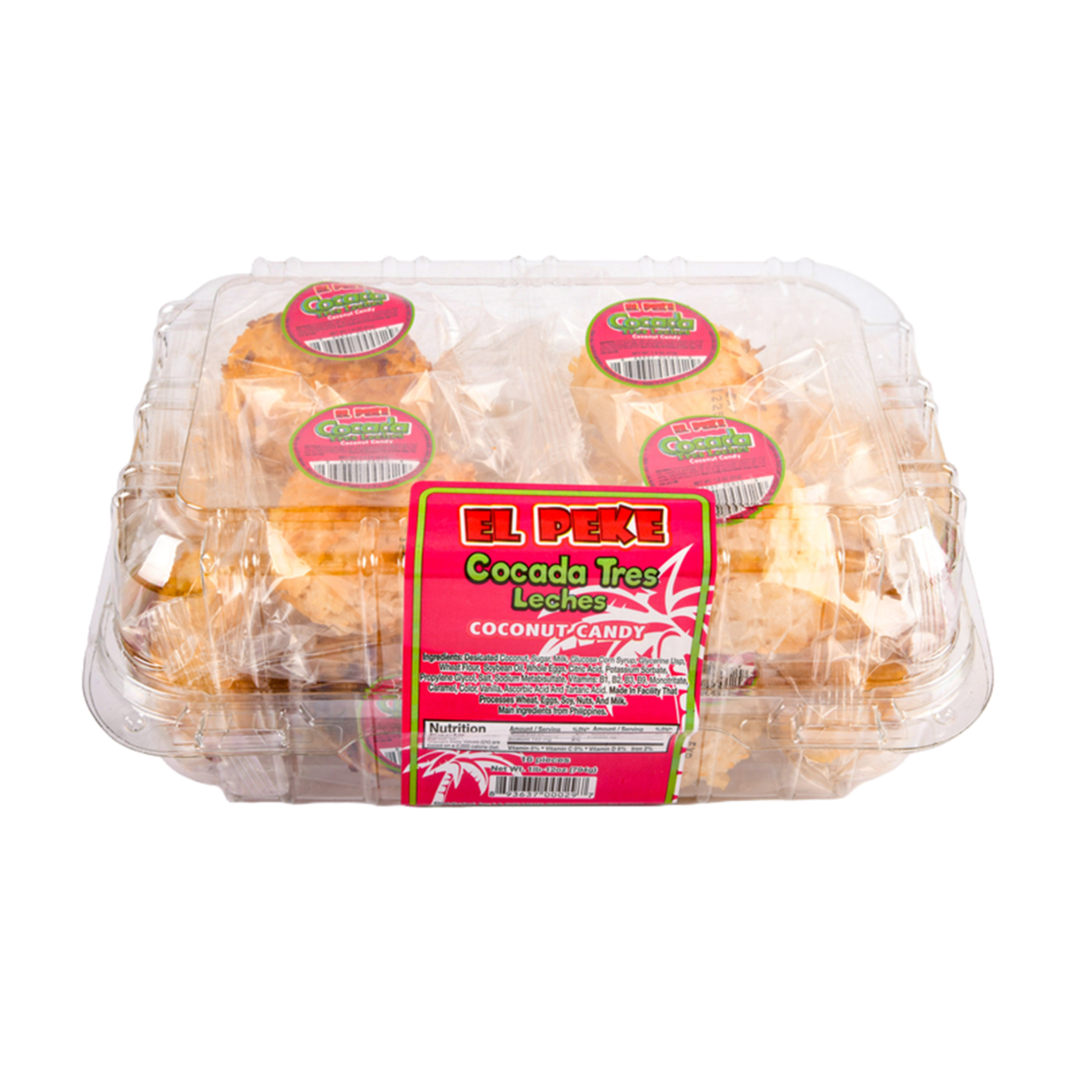 El Peke Cocada Tres Leches coconut candy 1.8oz clamshell container with individually wrapped pieces