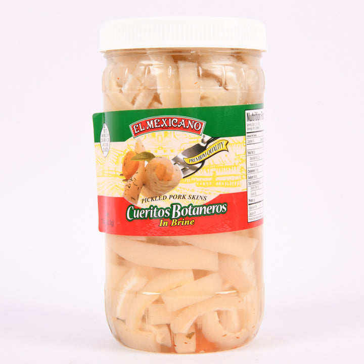 El Mexicano Cueritos Botaneros 15 oz jar – pickled pork skins in brine for authentic Mexican snacks