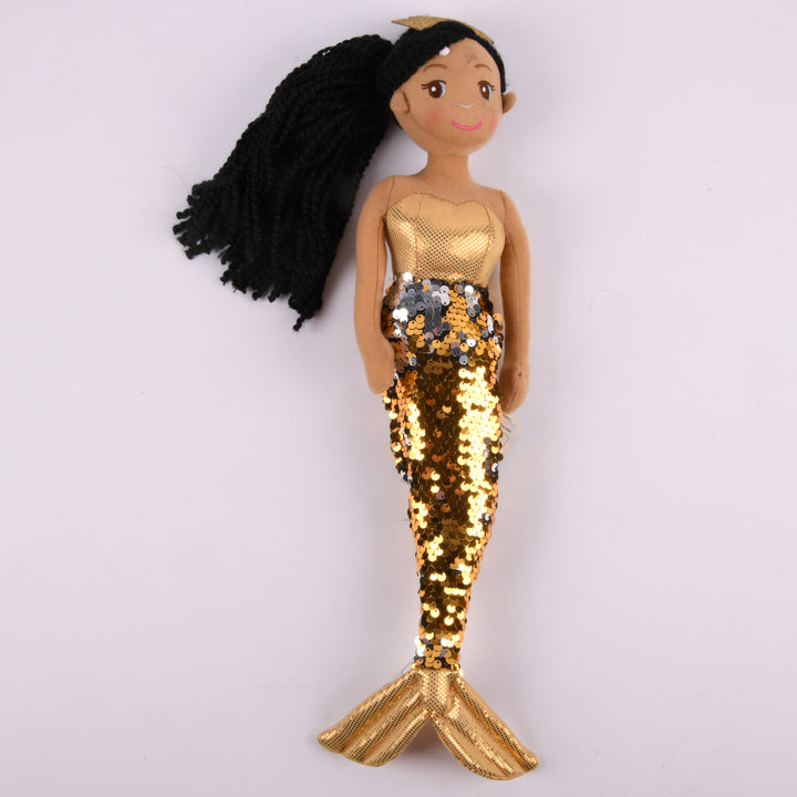 18‚Äëinch mermaid doll with shimmering golden sequin tail and plush fabric body