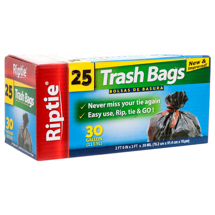 TRASH BAG 30GAL 25CT BLACK "RIPTIE" #55930(1 Count)