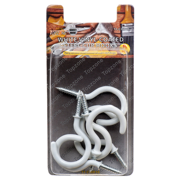 TopZone steel cup hooks 1-1/4 inch white vinyl coated screw in hooks 6 pack for kitchen and home storage