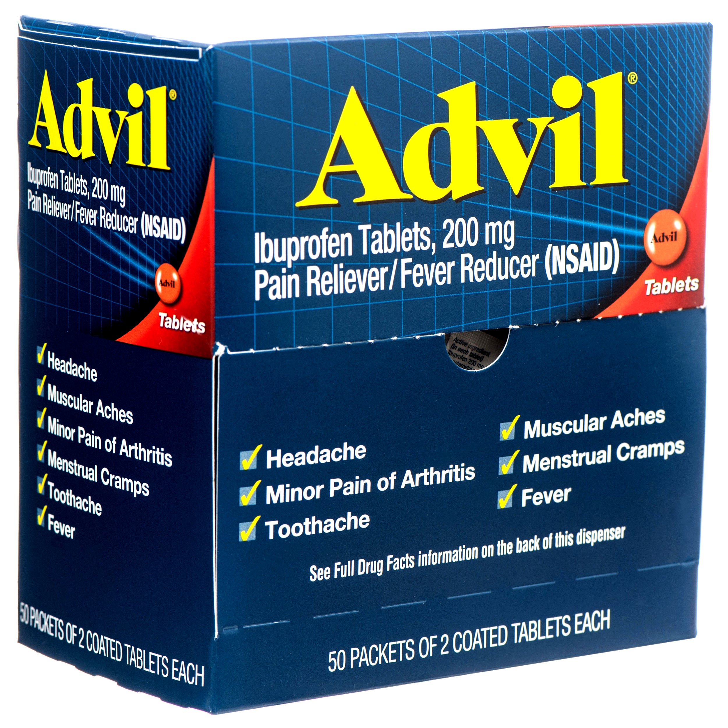 Advil ibuprofen tablets 200 mg pain reliever fever reducer display with 50 packets dual coated tablets