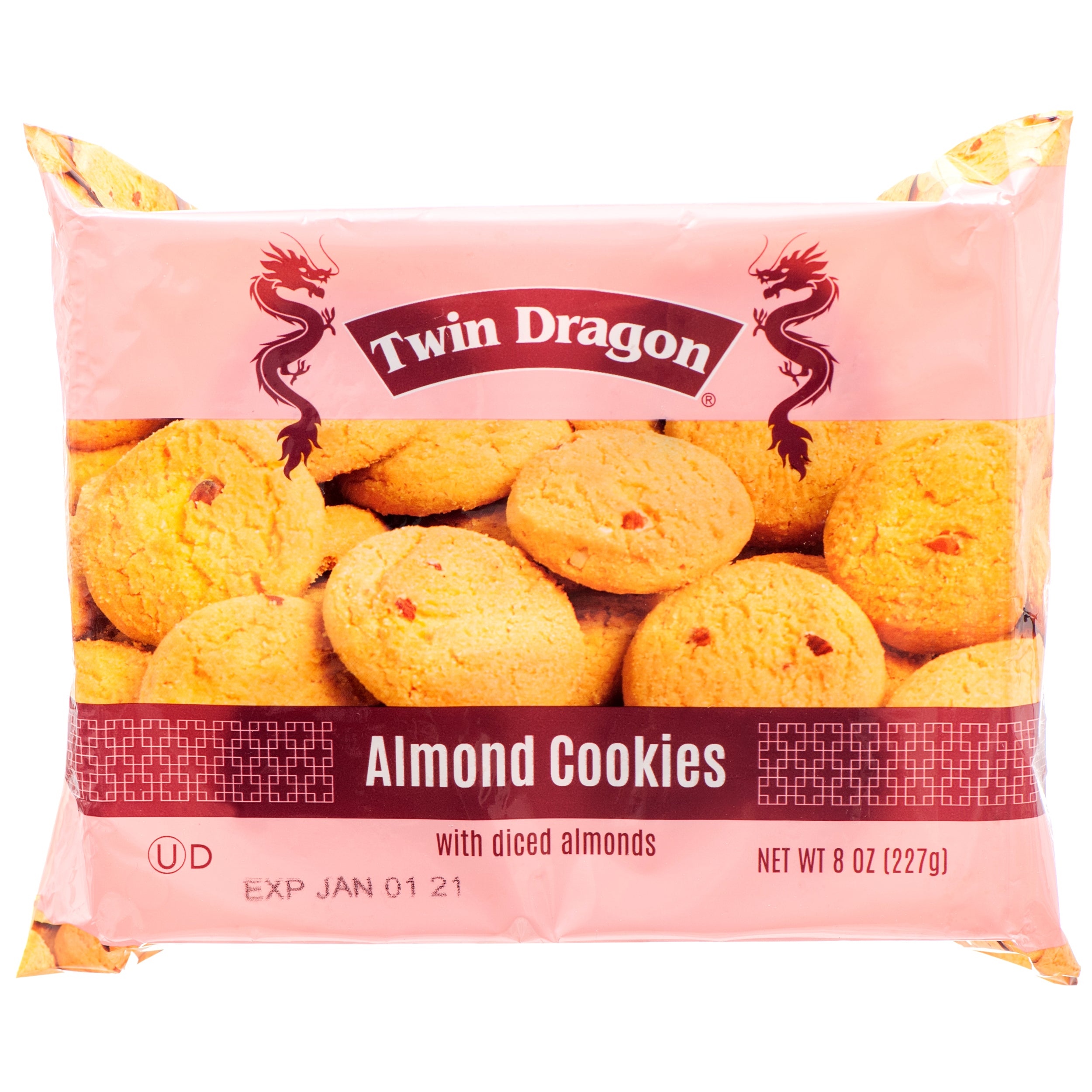 Twin Dragon Almond Cookies with diced almonds in 8 oz package, crispy traditional Asian almond cookie snack