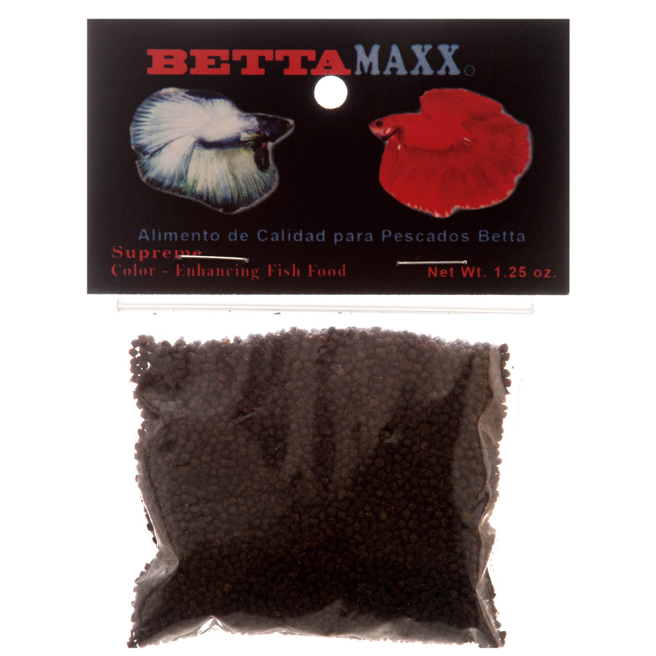 Betta Maxx fish food pellets 1.25 oz package with betta fish images and premium color enhancing aquarium fish food