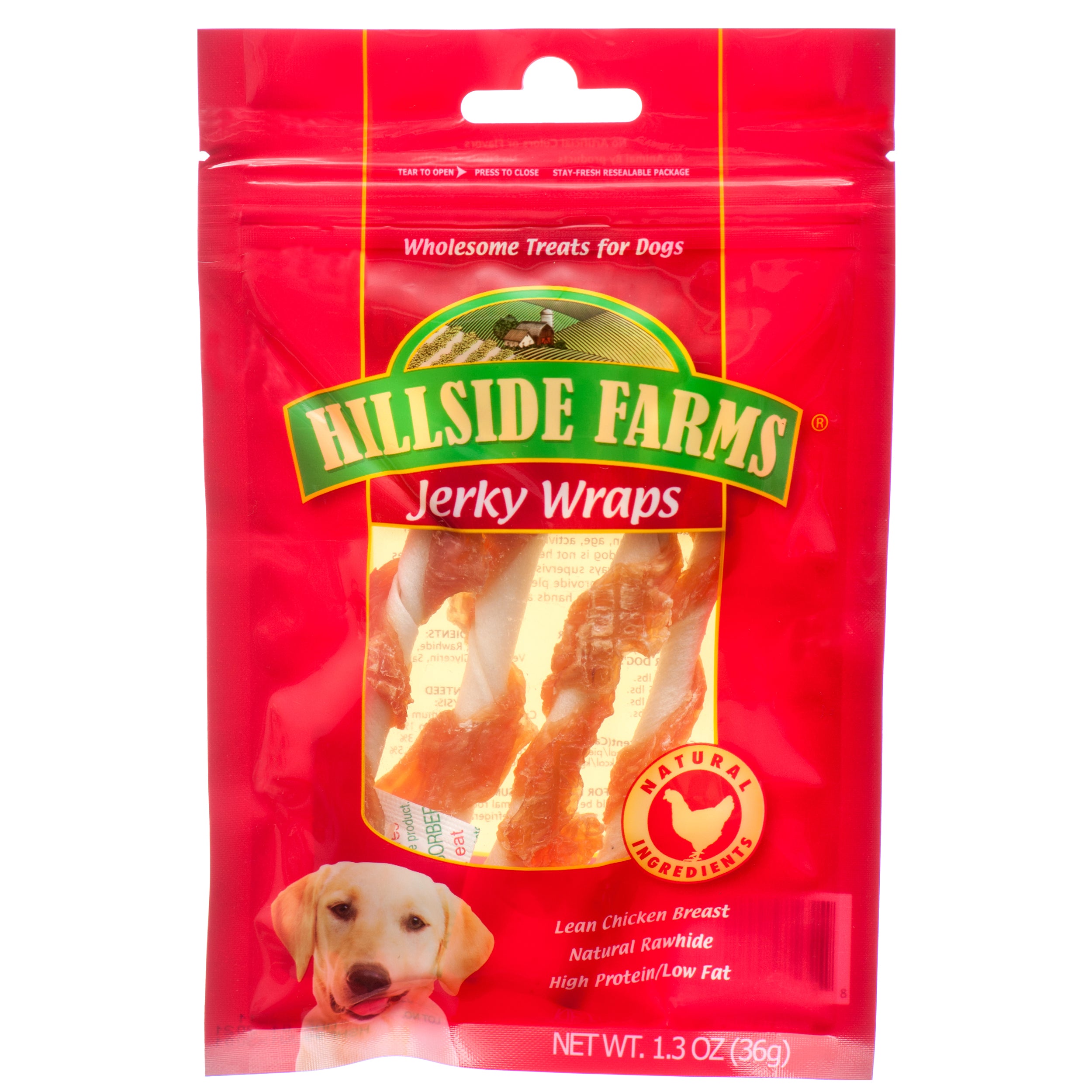 Hillside Farms Jerky Wraps dog treats with chicken and rawhide in resealable 1.3oz bag