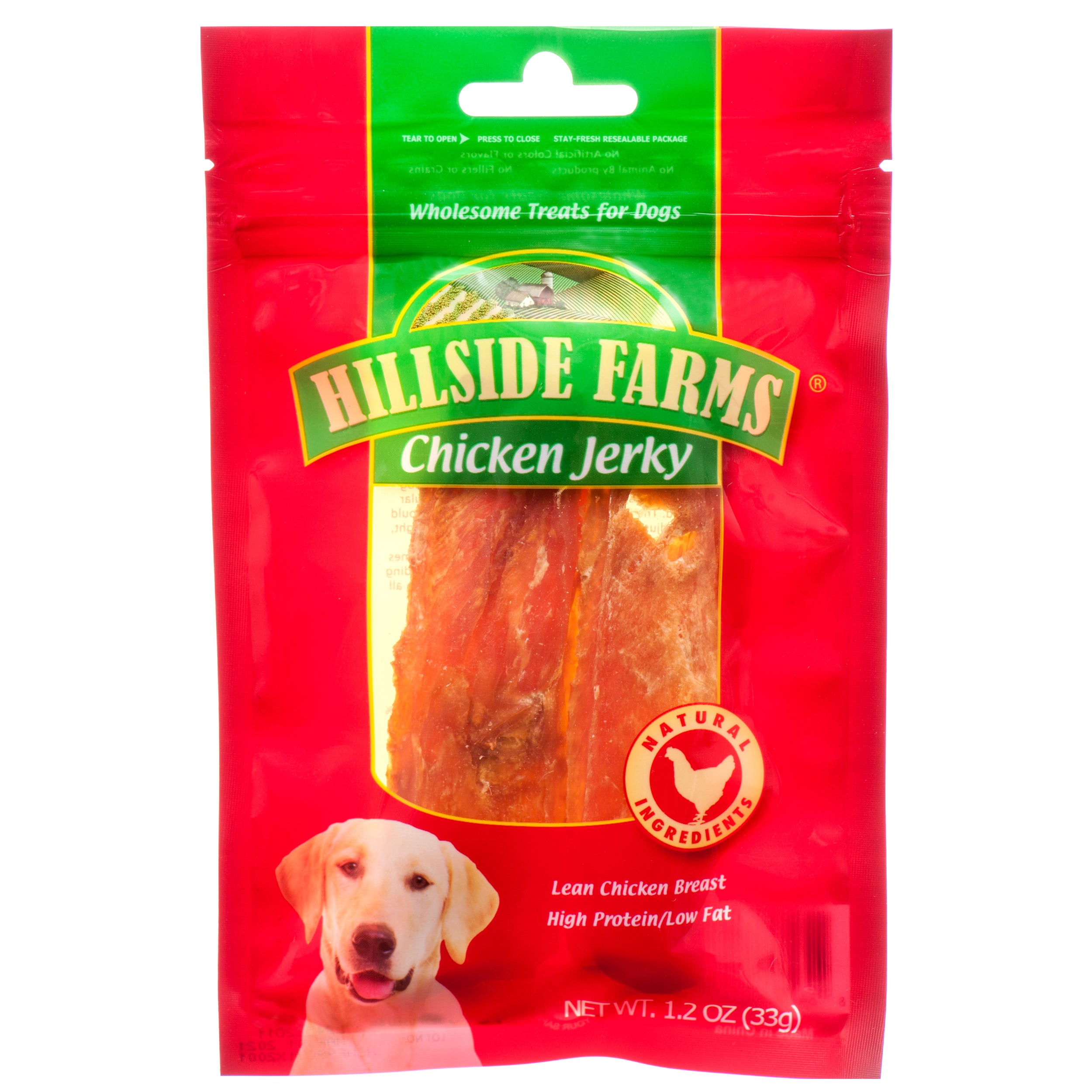 Hillside Farms Chicken Jerky dog treats made with real chicken breast in 1.2oz resealable bag