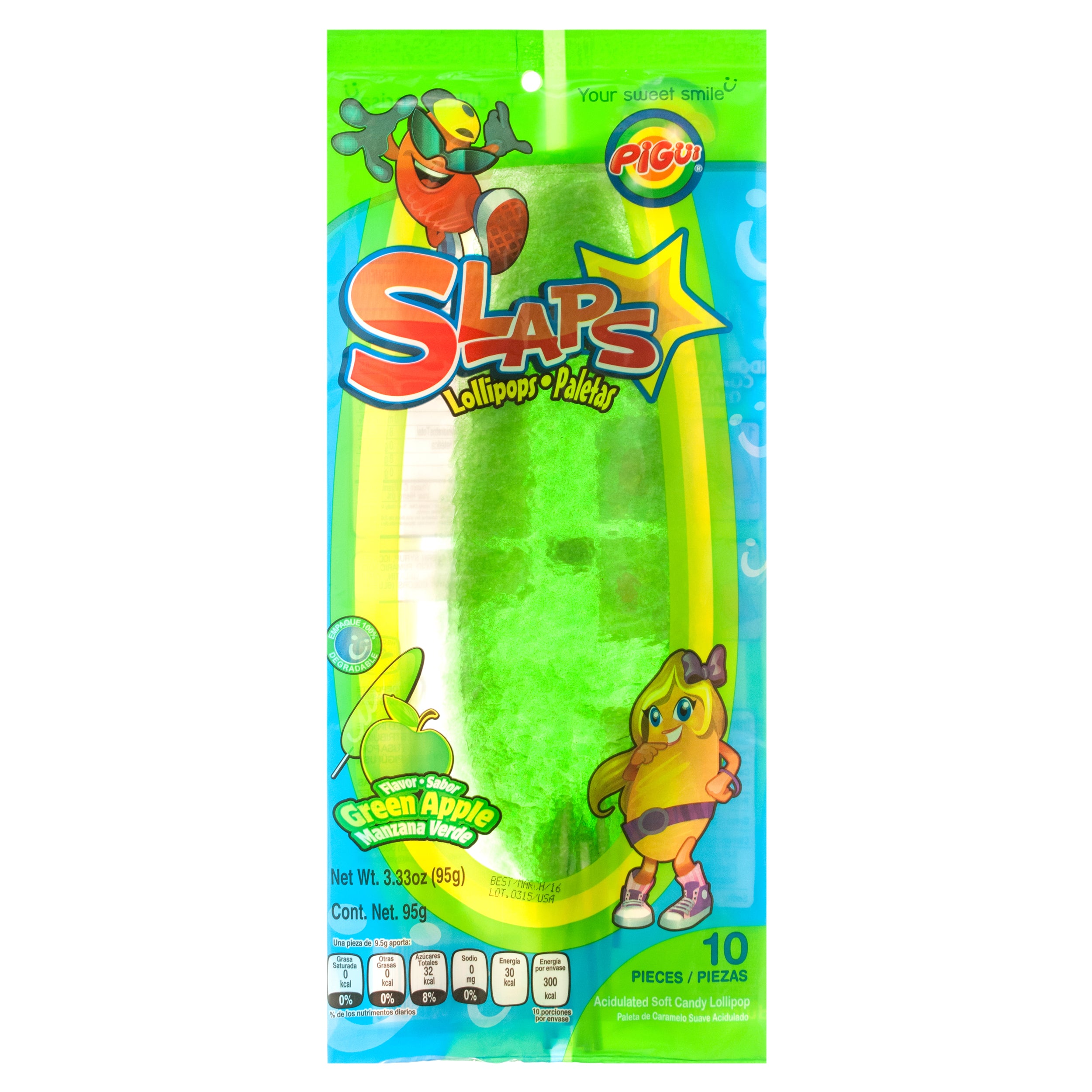 Pigui Slaps Lollipops, Green Apple, 10 Count (40 Pack)