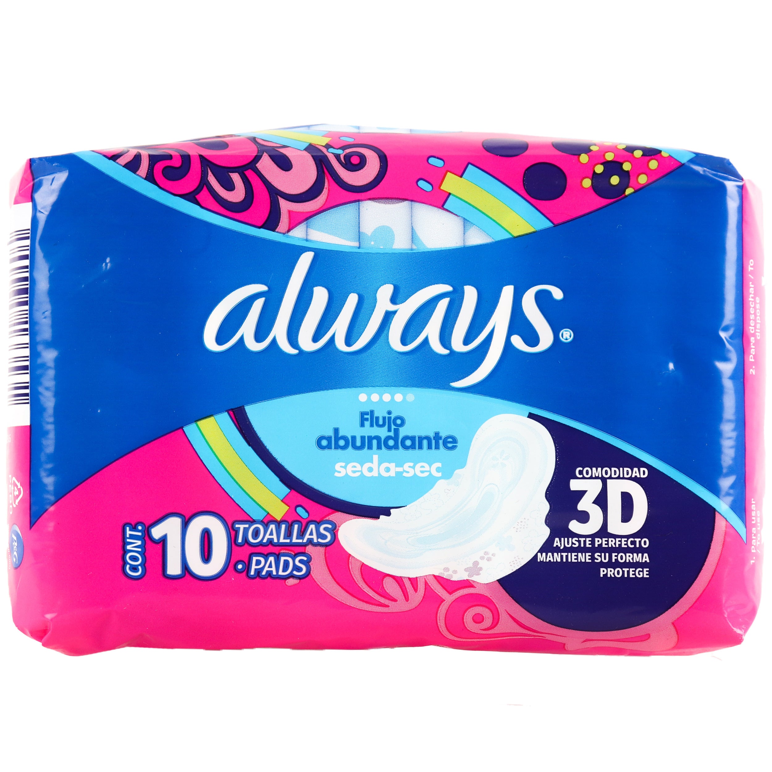 Always sanitary pads flujo abundante seca‑sec 10 count pack – maxi pads with 3D comfort