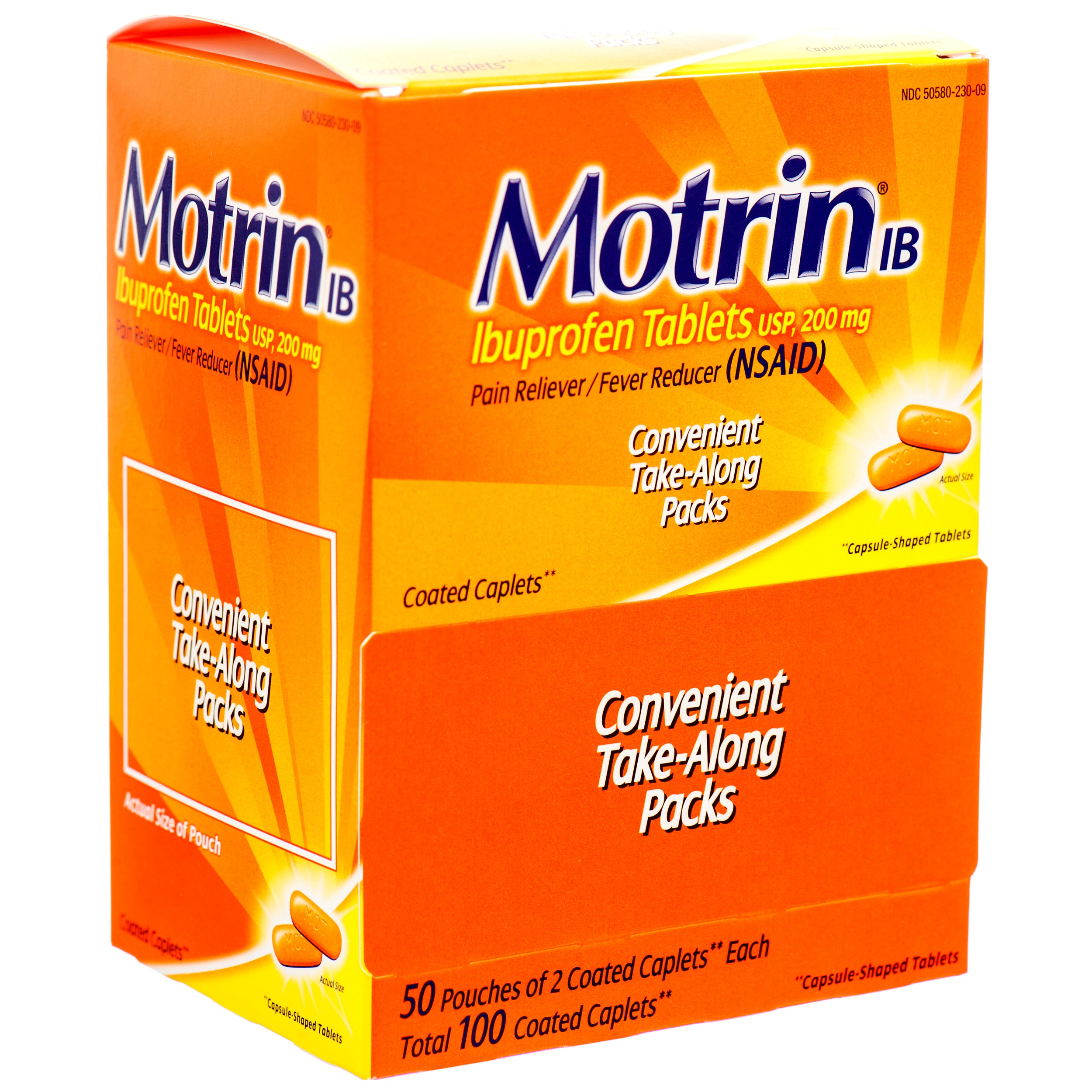 Motrin IB ibuprofen 200 mg tablets box with 50 take along packs of coated caplets for pain relief
