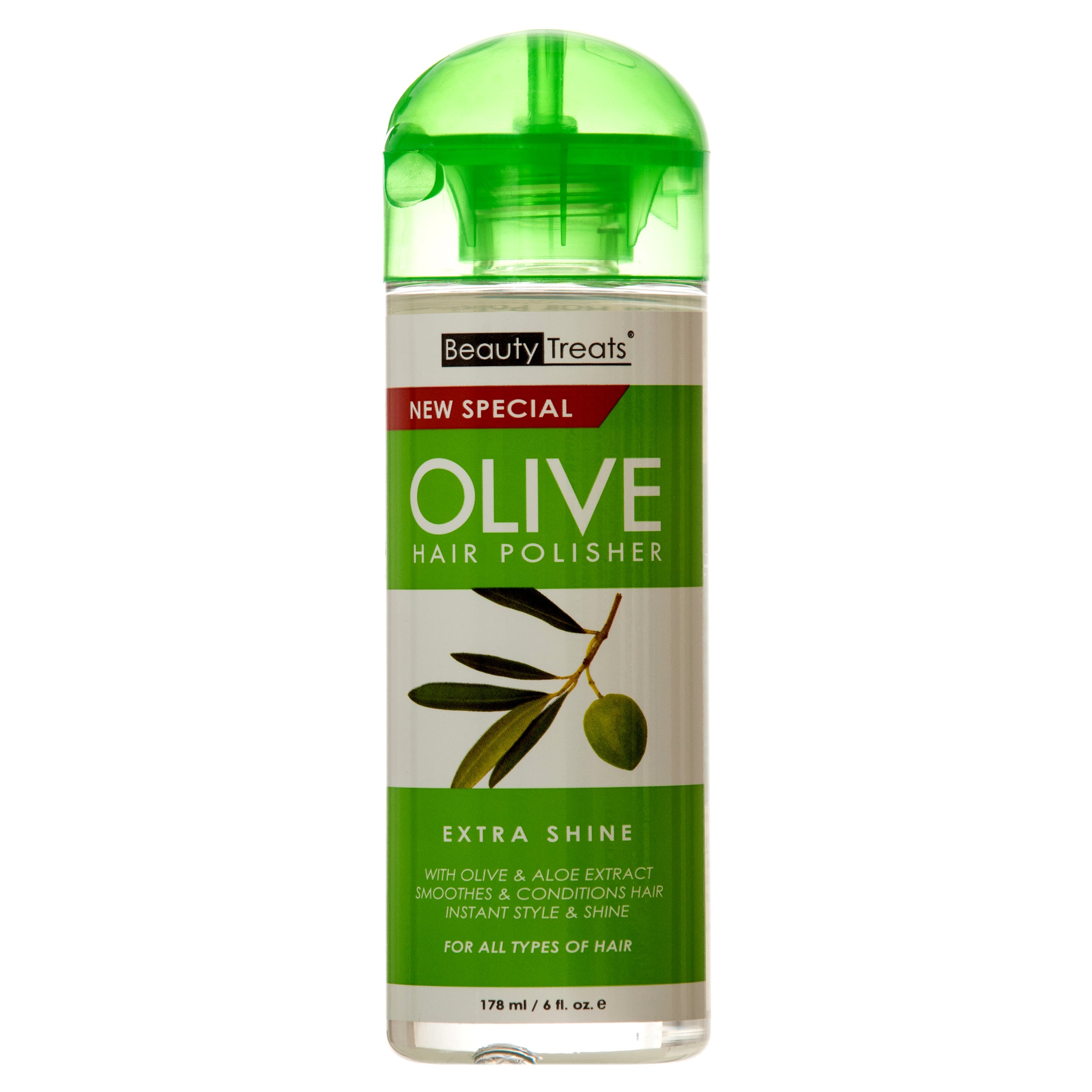 Beauty Treats olive hair polisher extra shine 6 fl oz bottle with olive oil and aloe extract
