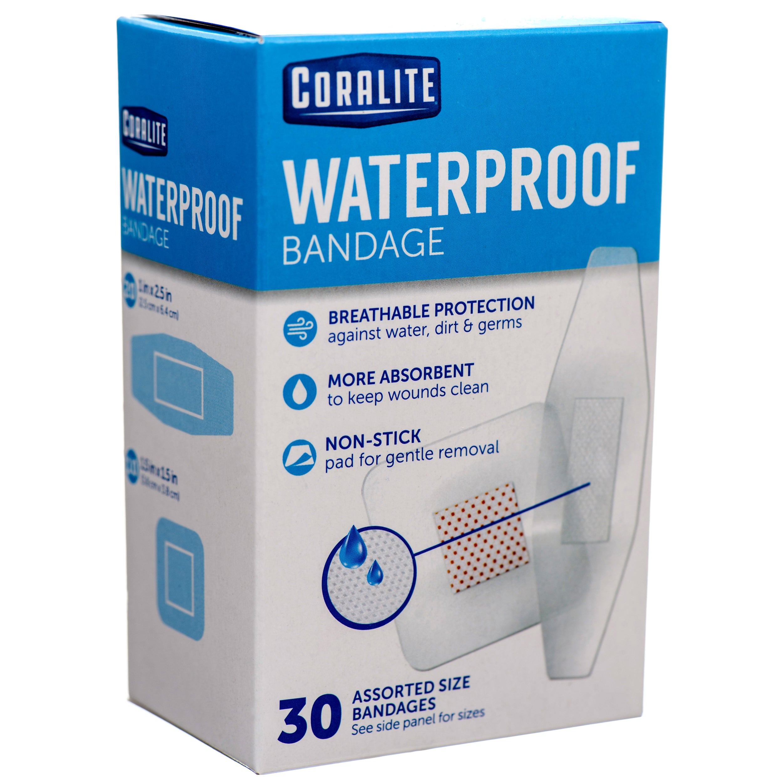 Coralite waterproof bandages 30 count box breathable water resistant adhesive first aid bandages