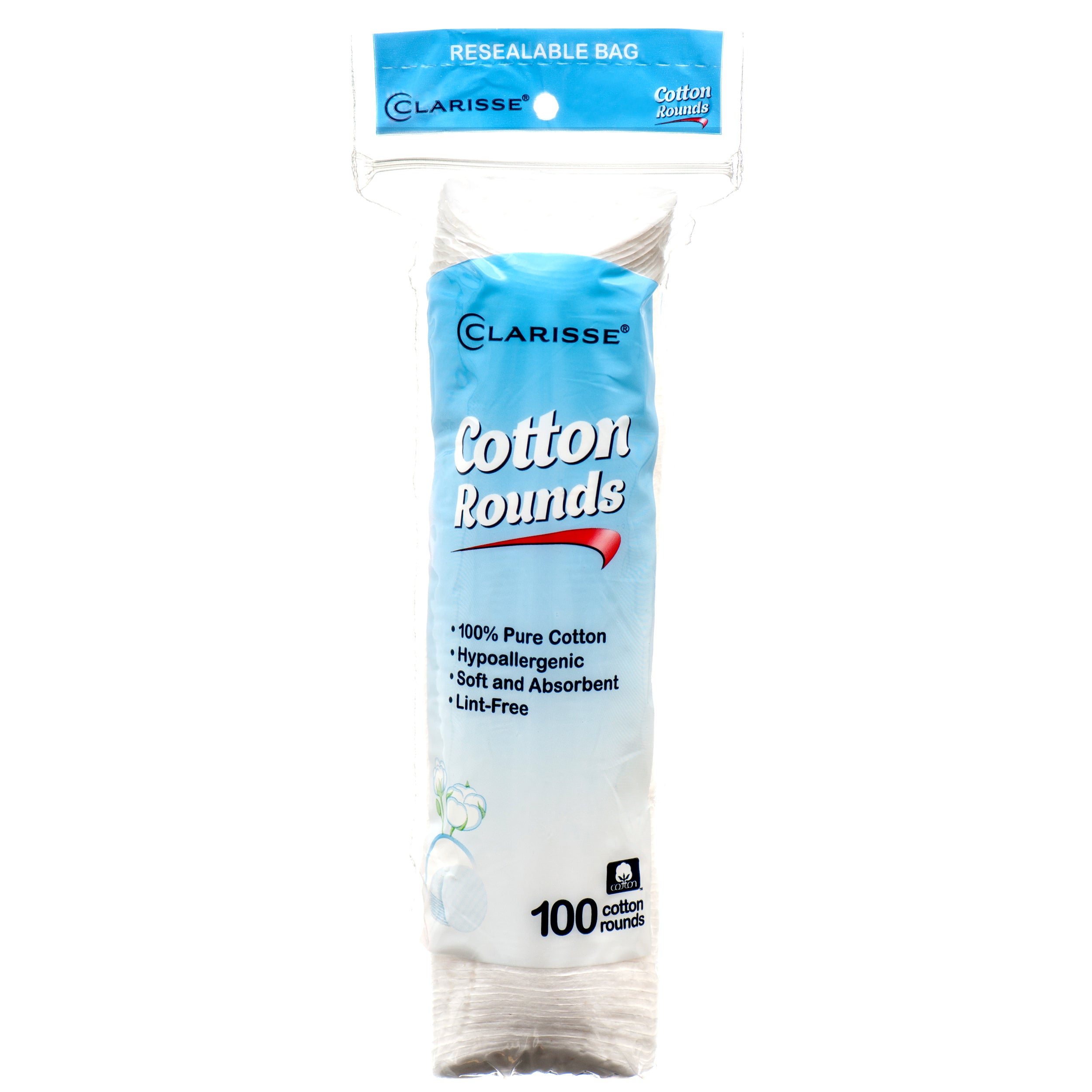 Clarisse cotton rounds 100 count resealable bag – 100% pure cotton hypoallergenic rounds