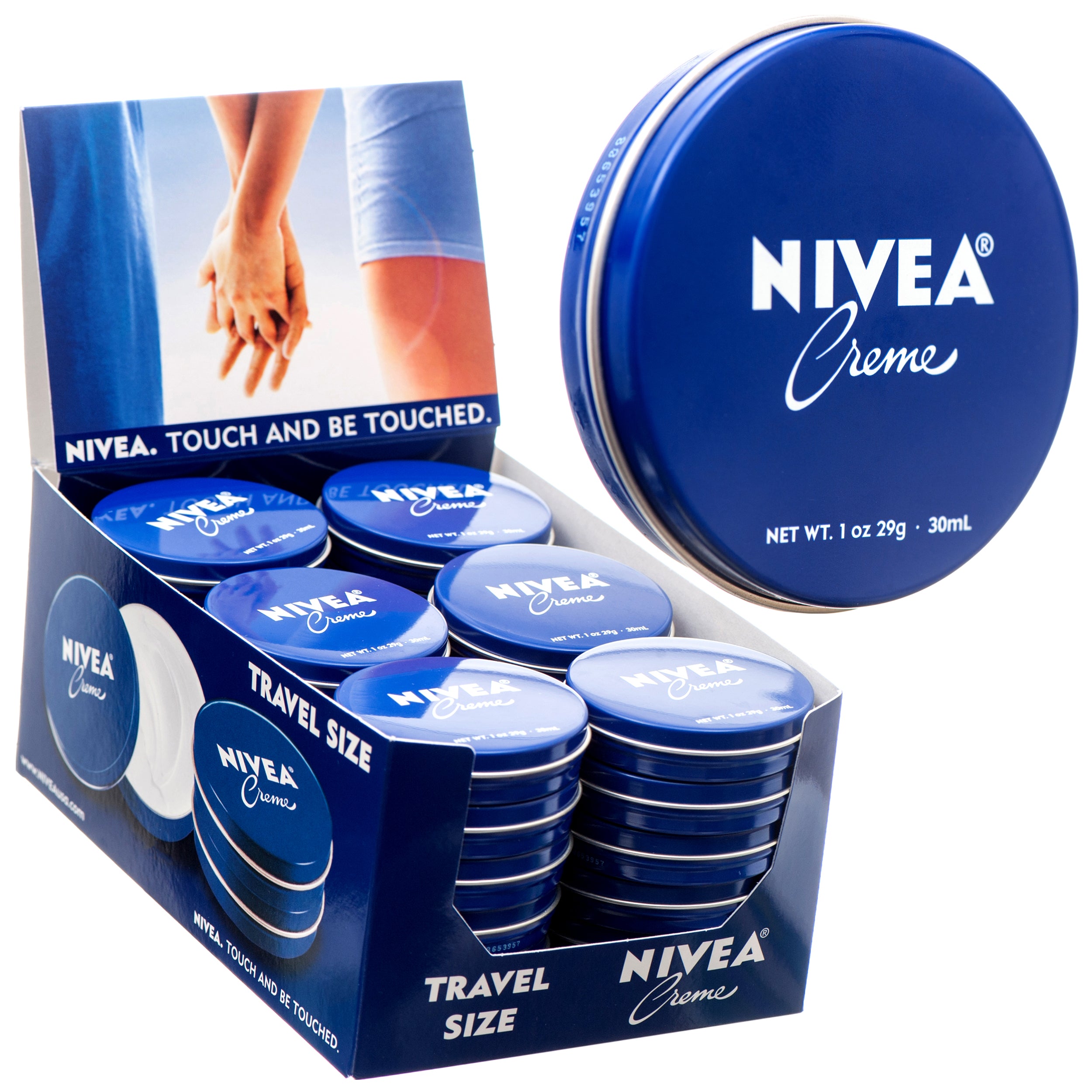NIVEA Creme 1oz moisturizing cream tins in display box – travel size hydrating body and face cream (36 pack)