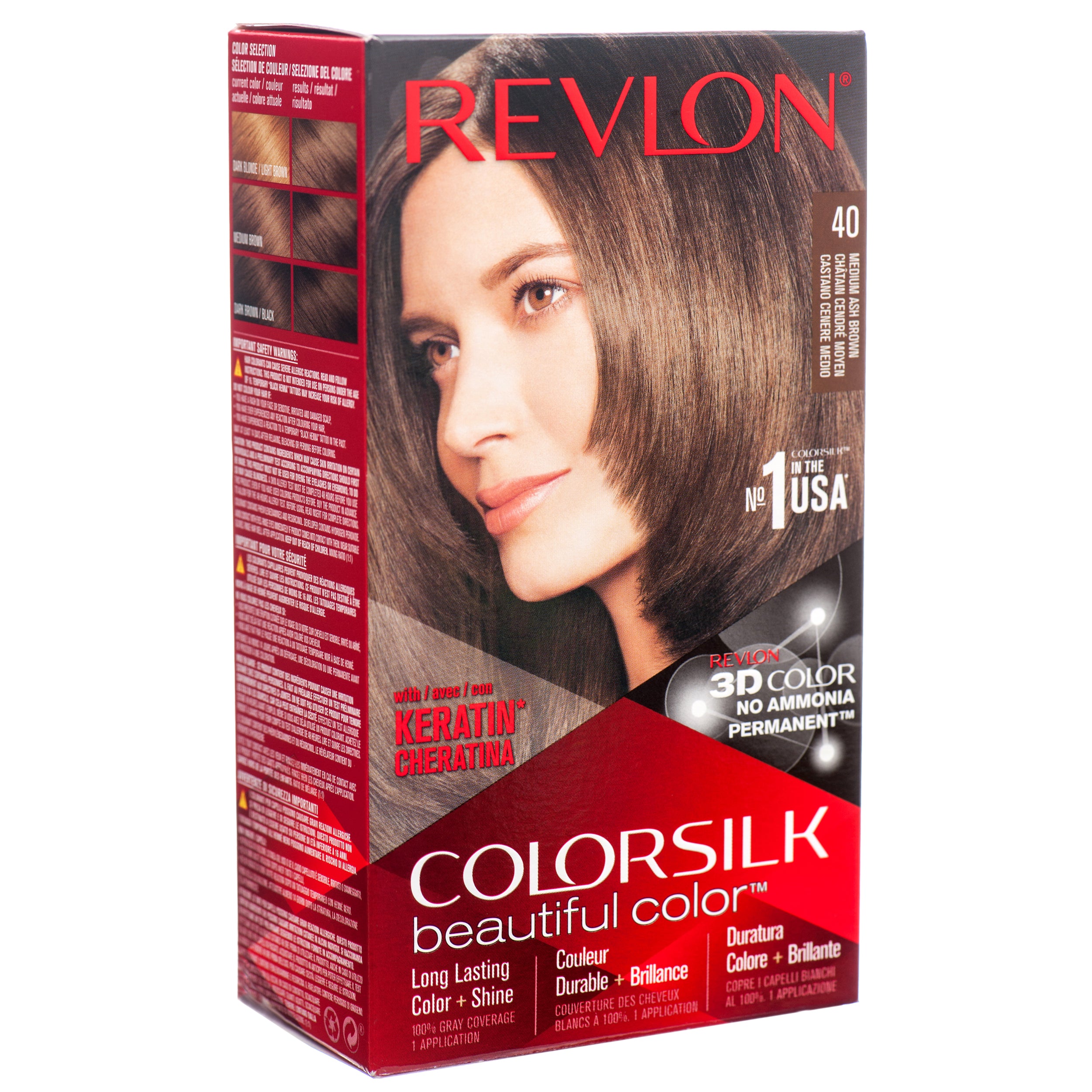 Revlon Colorsilk Beautiful Color Hair Dye 40 Medium Ash Brown box – ammonia‑free permanent hair color (12 pack)