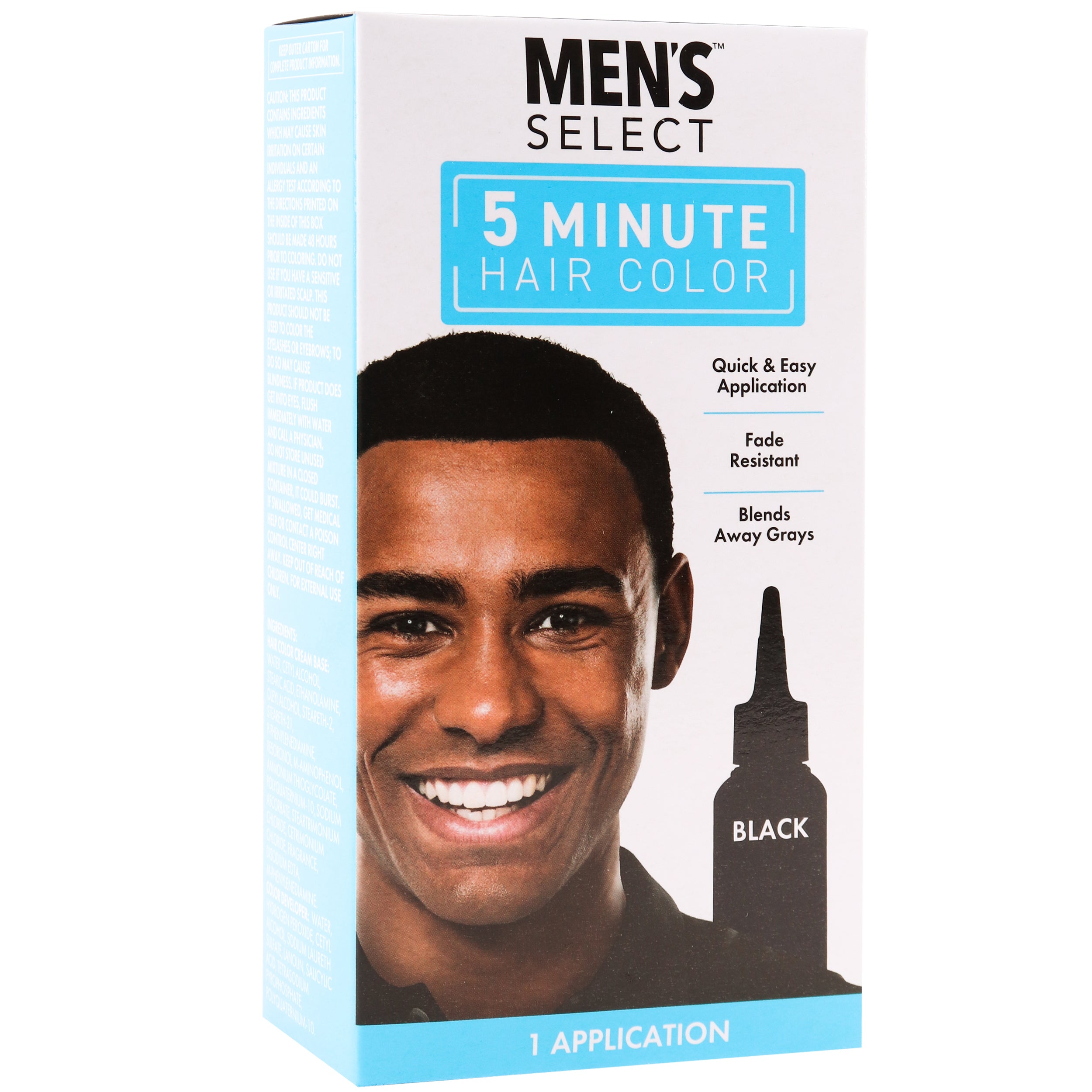Men’s Select black hair color box featuring 5‑minute permanent hair dye for men